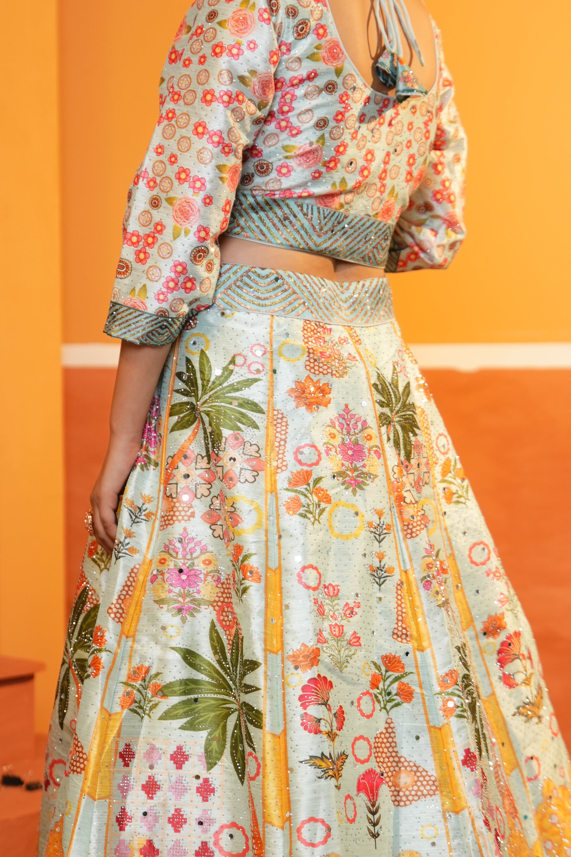 Pastel Mint Green Floral Butter Silk Lehenga Set