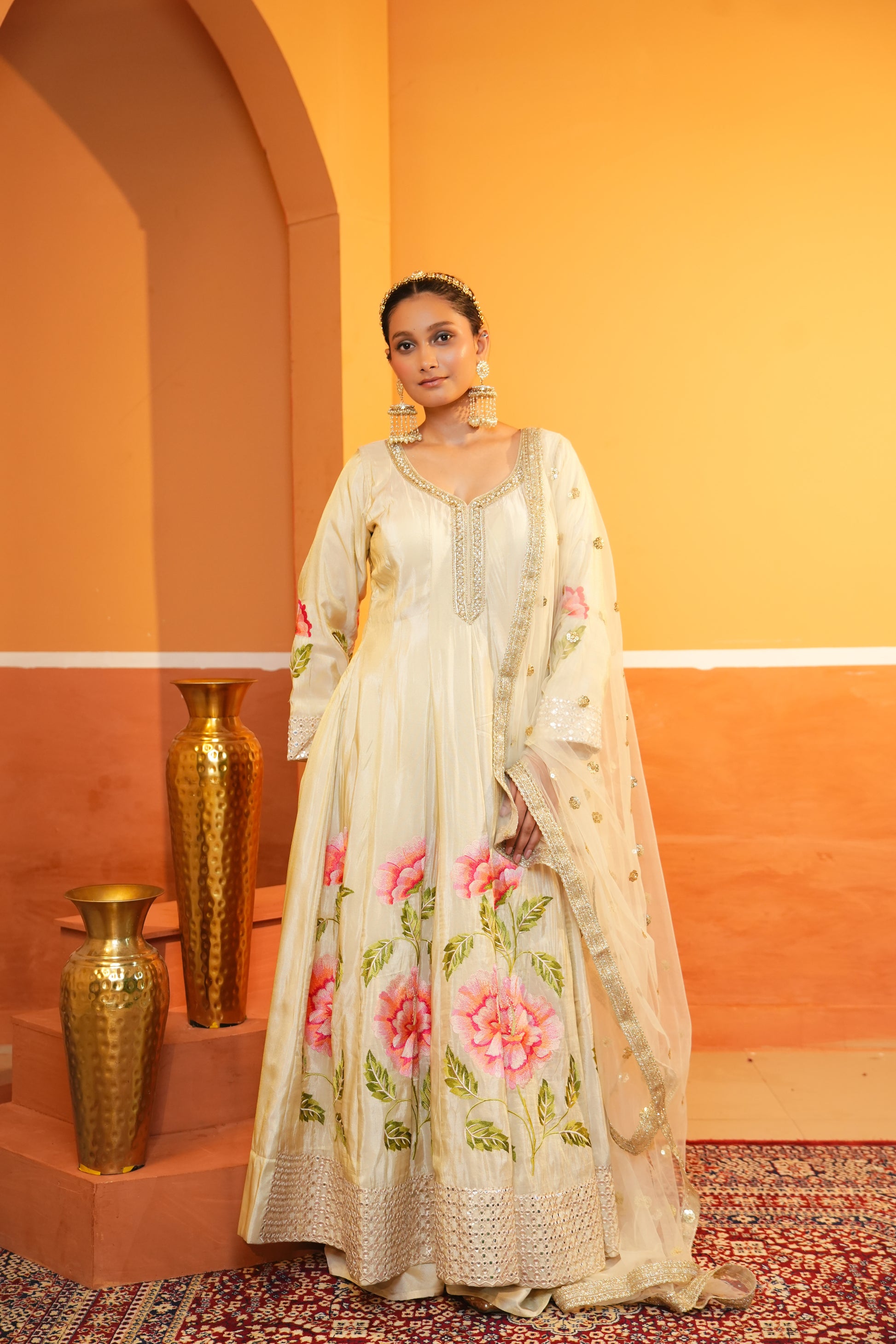 Golden Beige Silk Anarkali Set