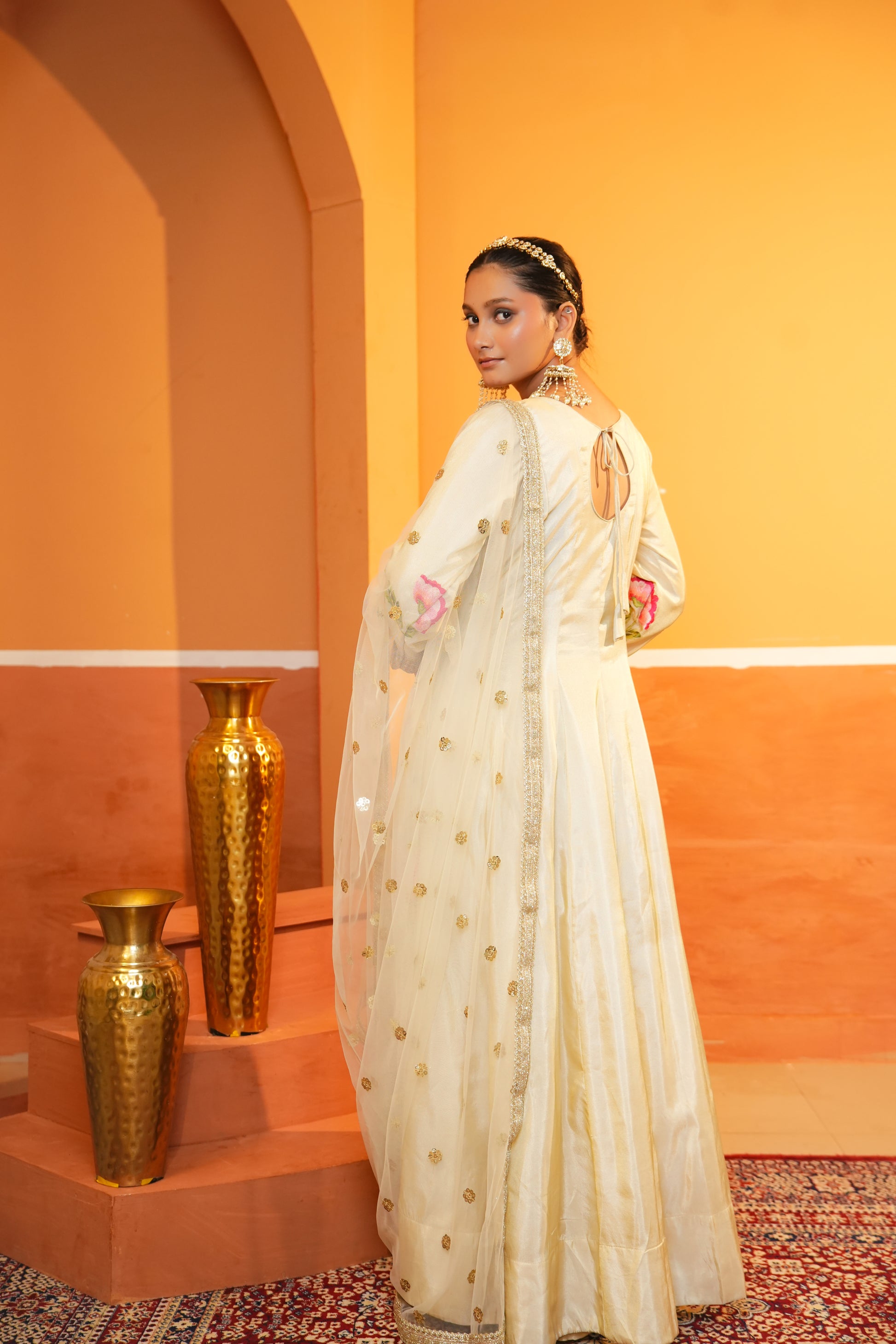 Golden Beige Silk Anarkali Set