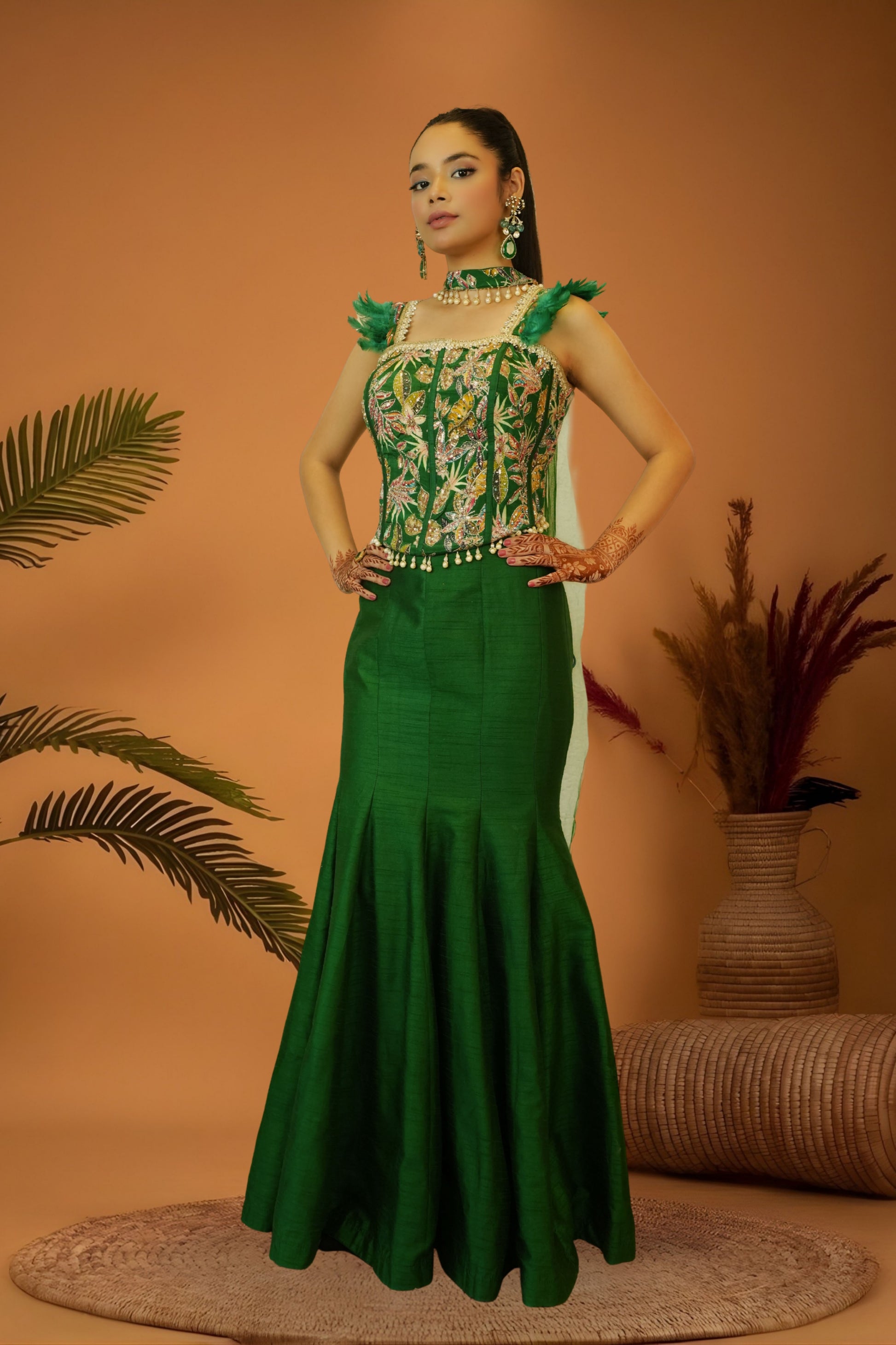Emerald green mermaid skirt crop top set