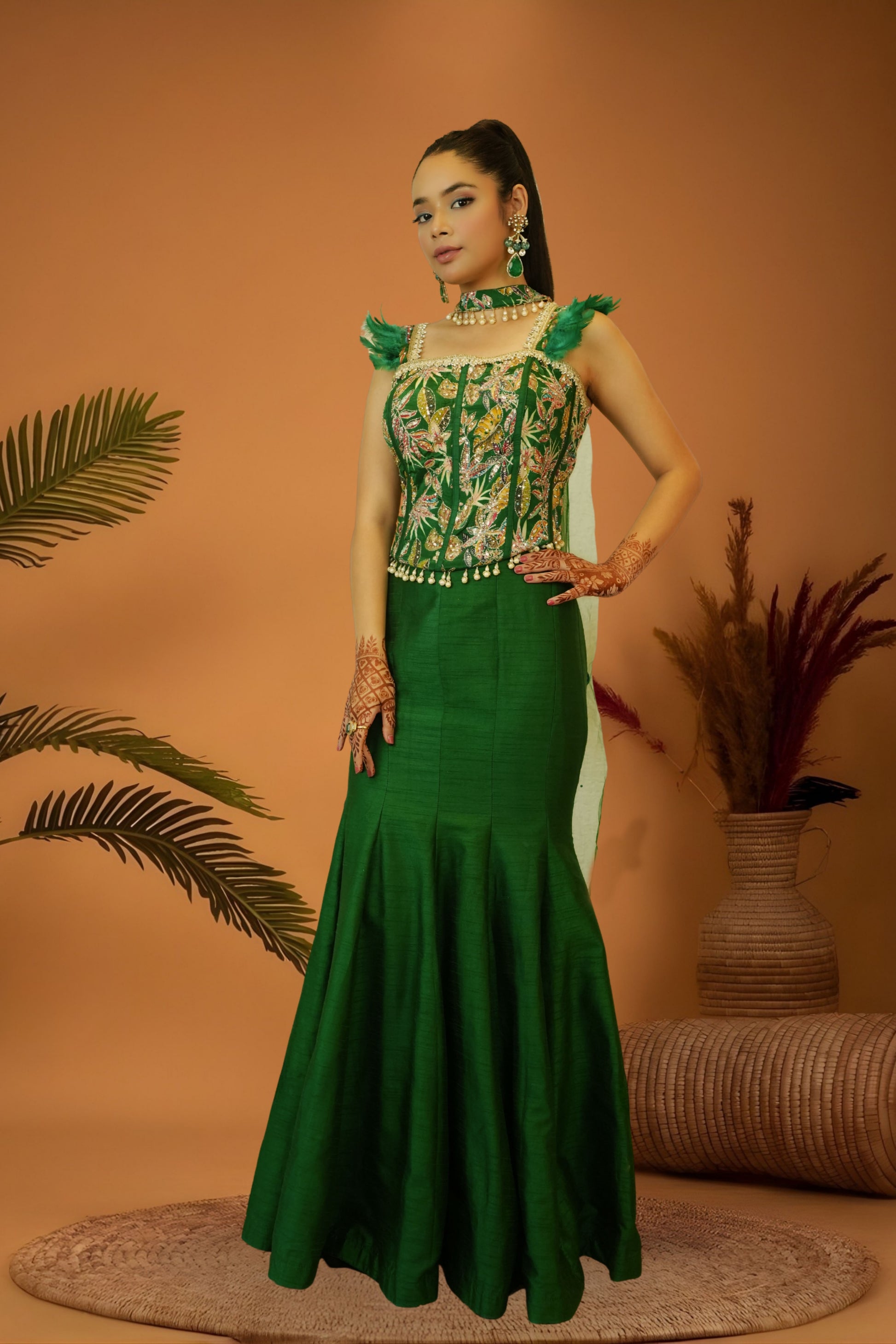 Emerald green mermaid skirt crop top set