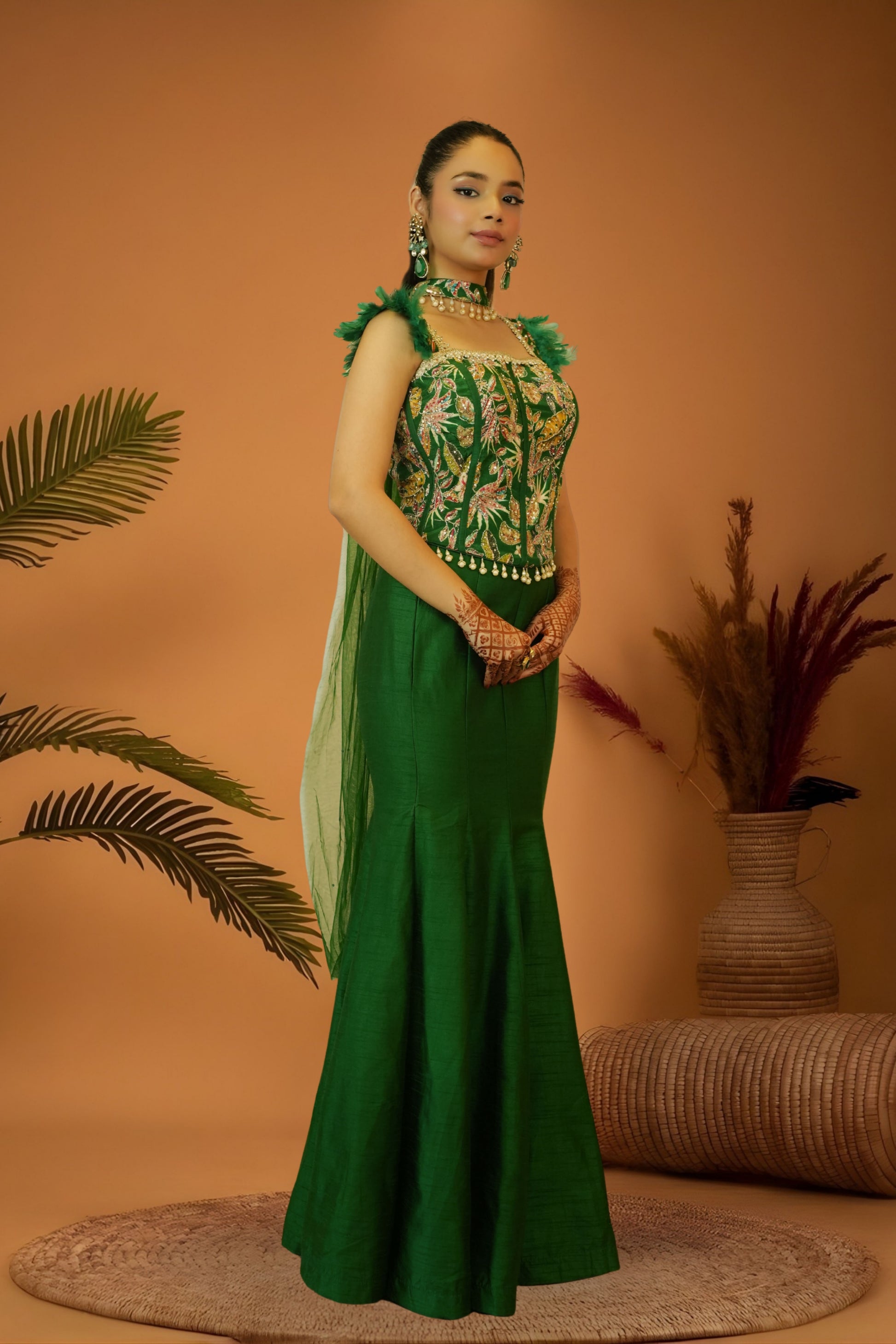 Emerald green mermaid skirt crop top set