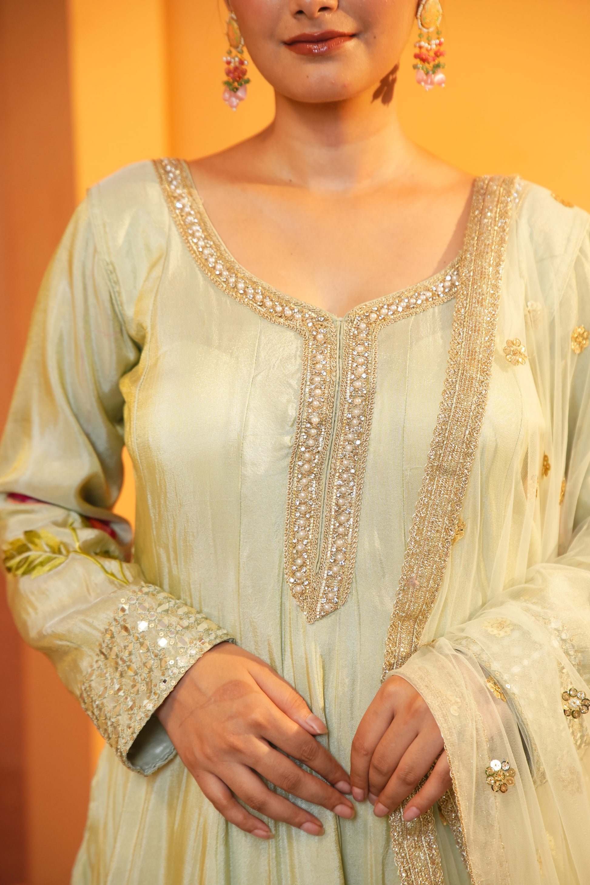 Pastel Light Green Silk Anarkali Set
