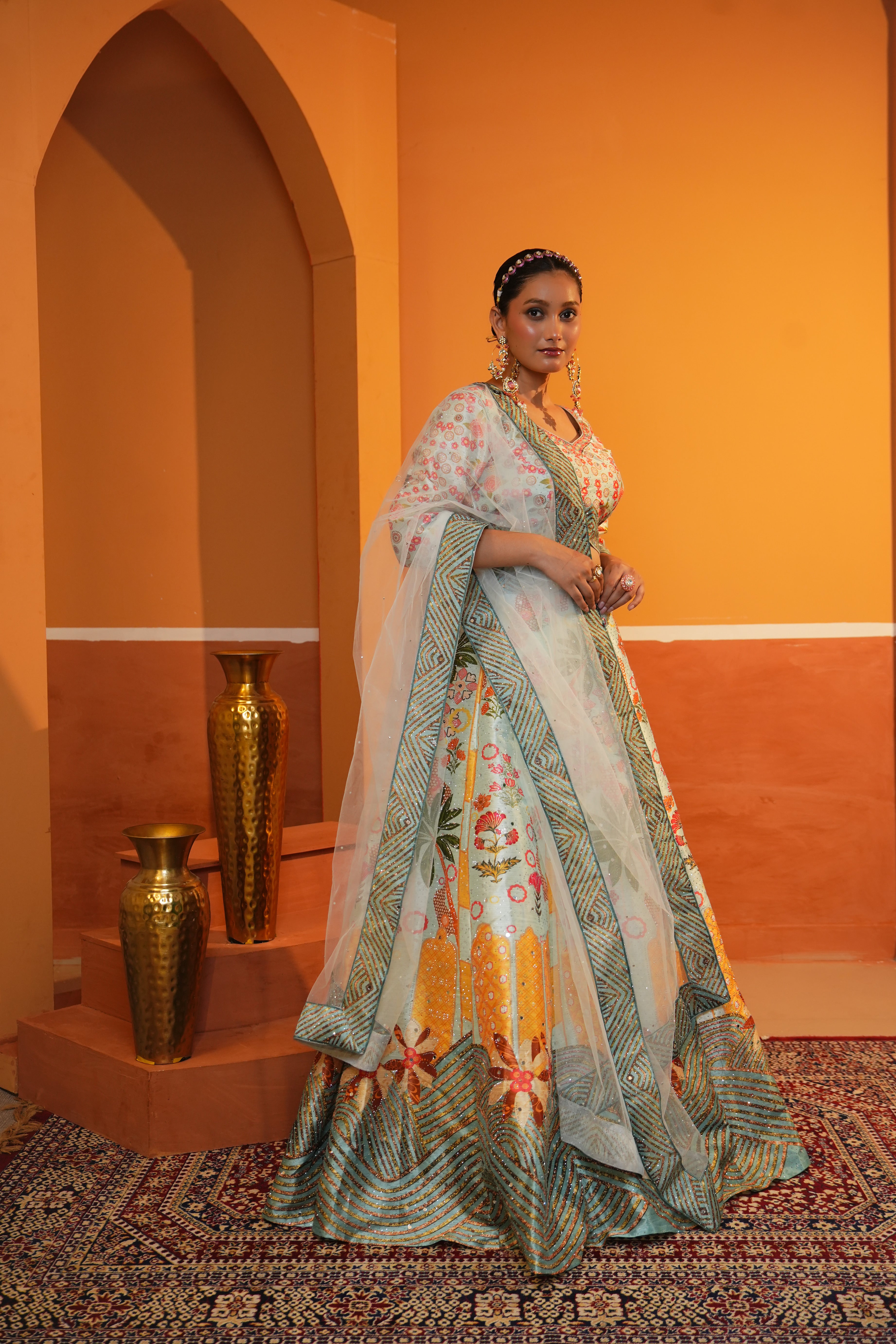 Pastel Mint Green Floral Butter Silk Lehenga Set