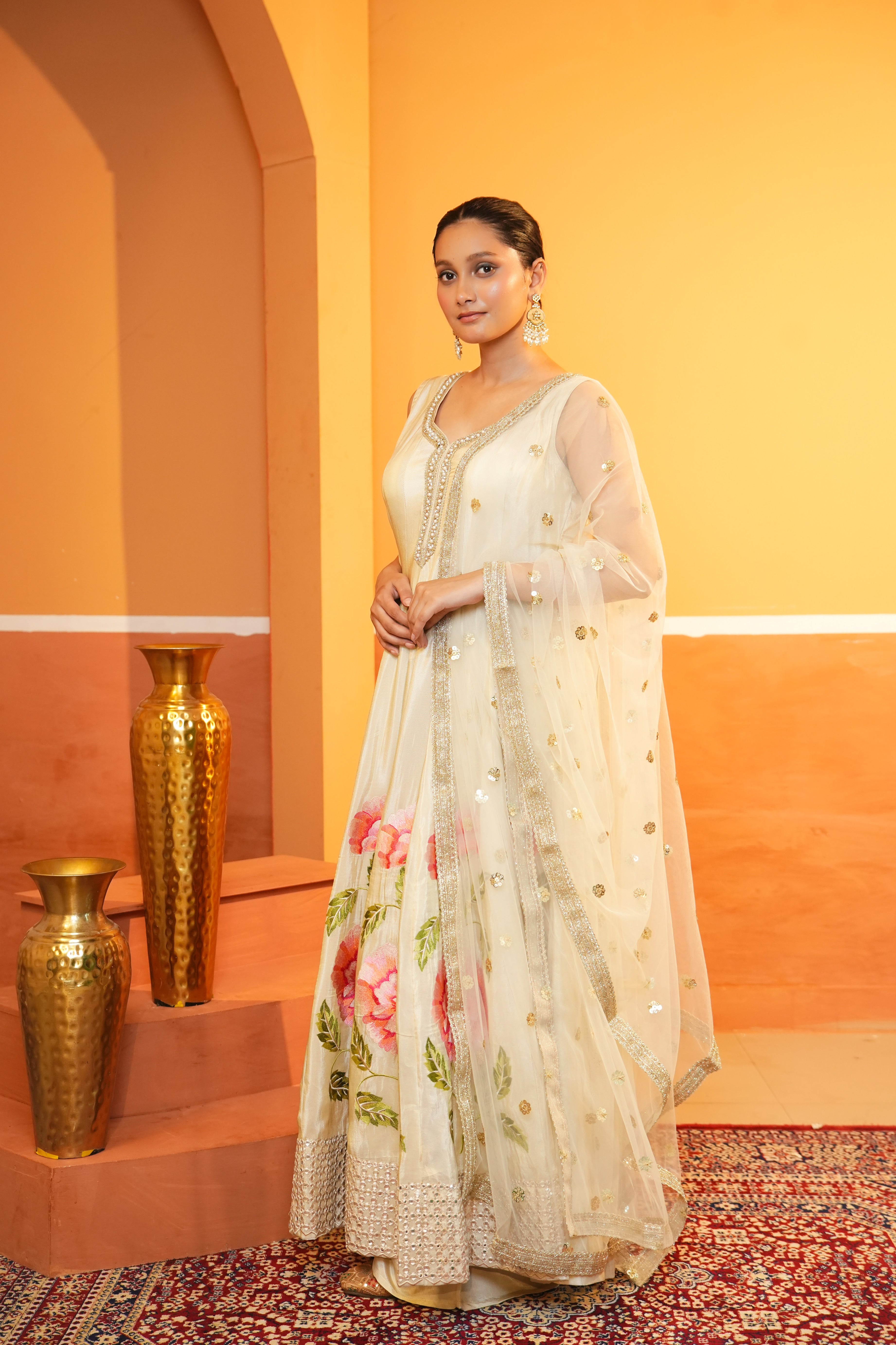 Golden Beige Silk Anarkali Set