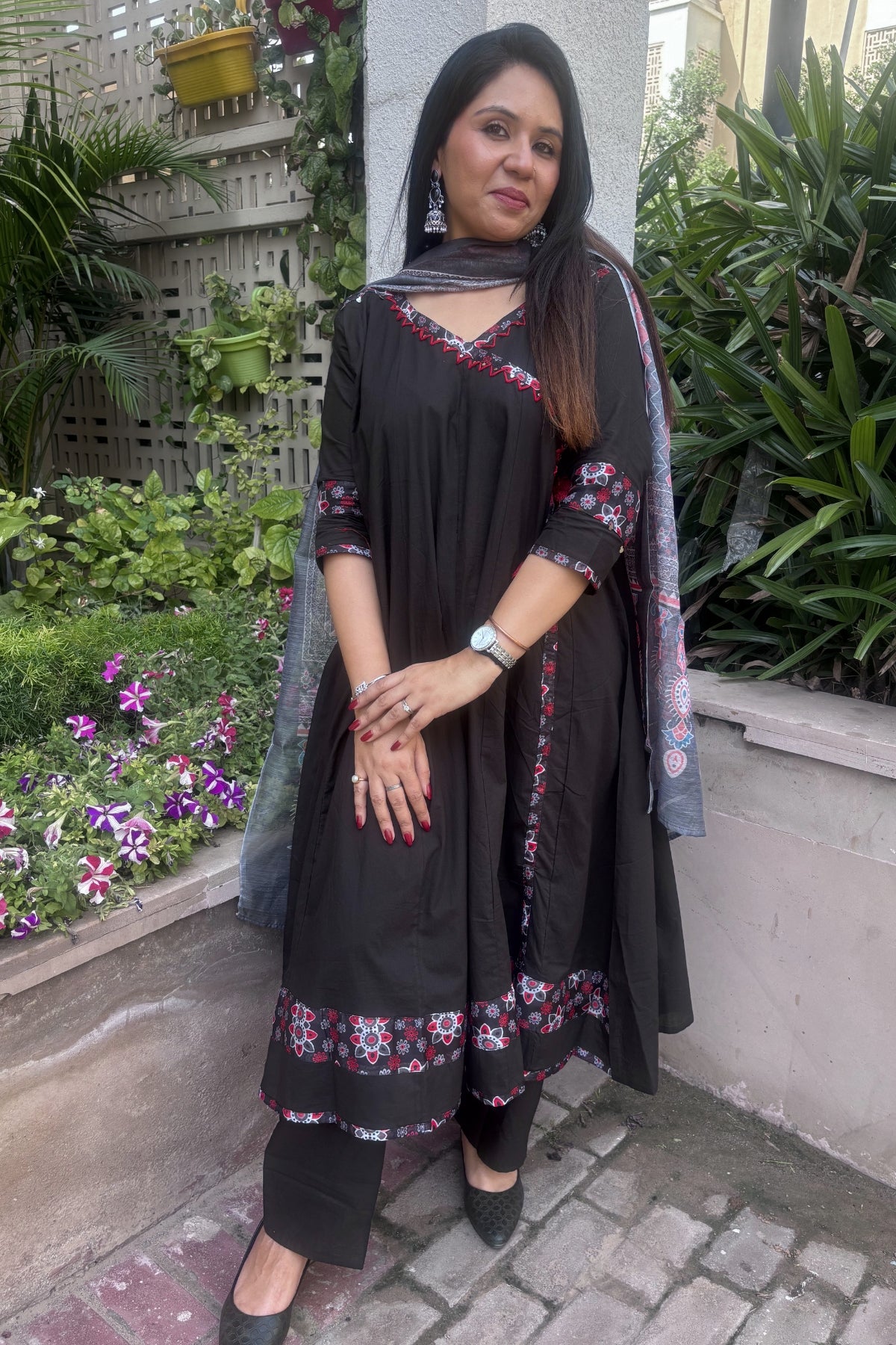 Black Zohra Cotton Slub Anarkali Suit Set