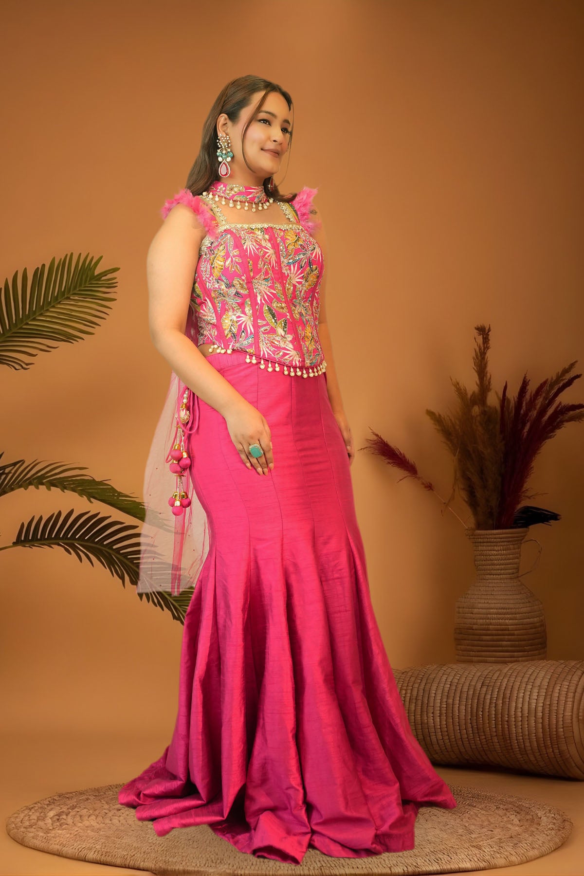 Fushcia Pink mermaid skirt crop top  set