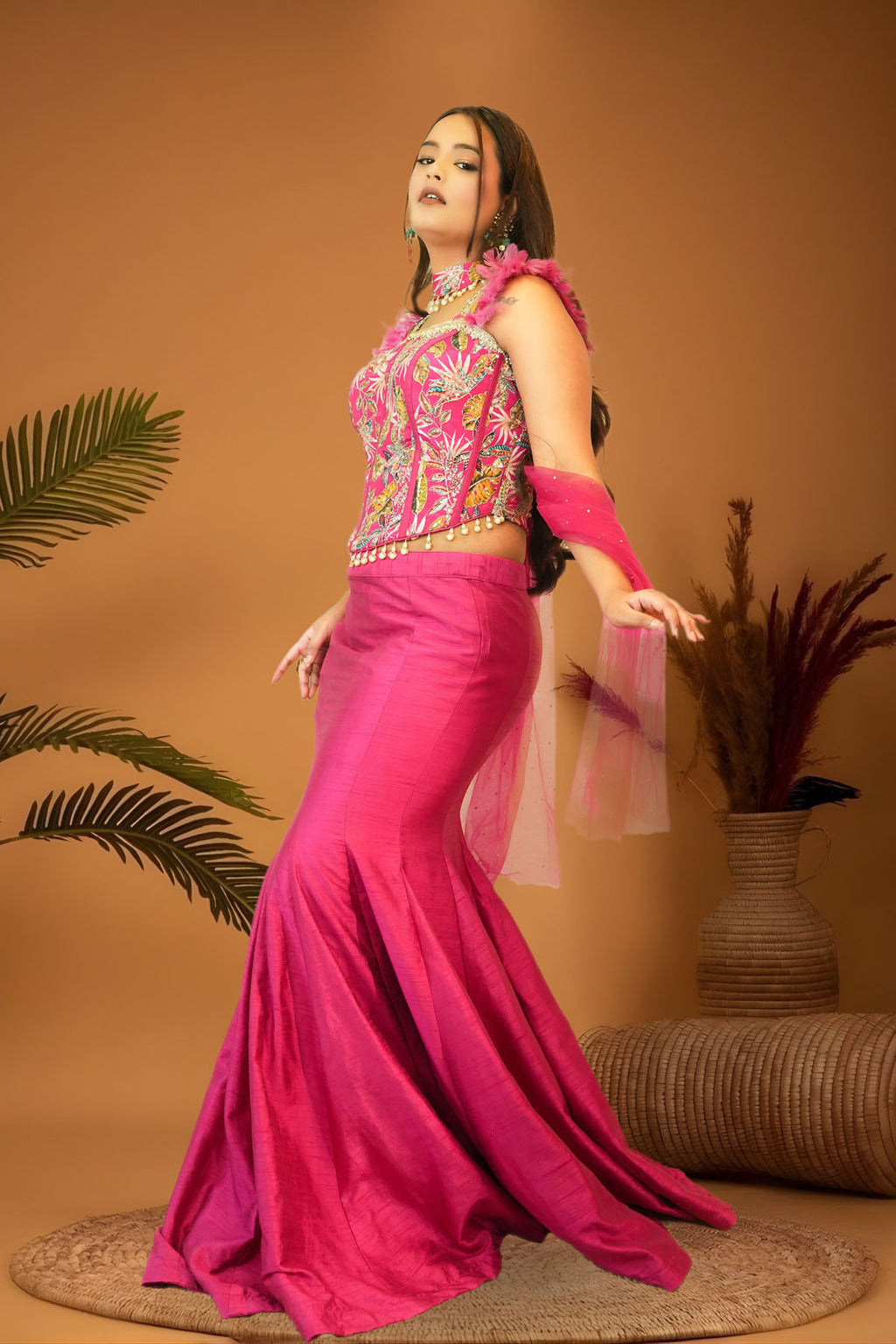 Fushcia Pink mermaid skirt crop top  set