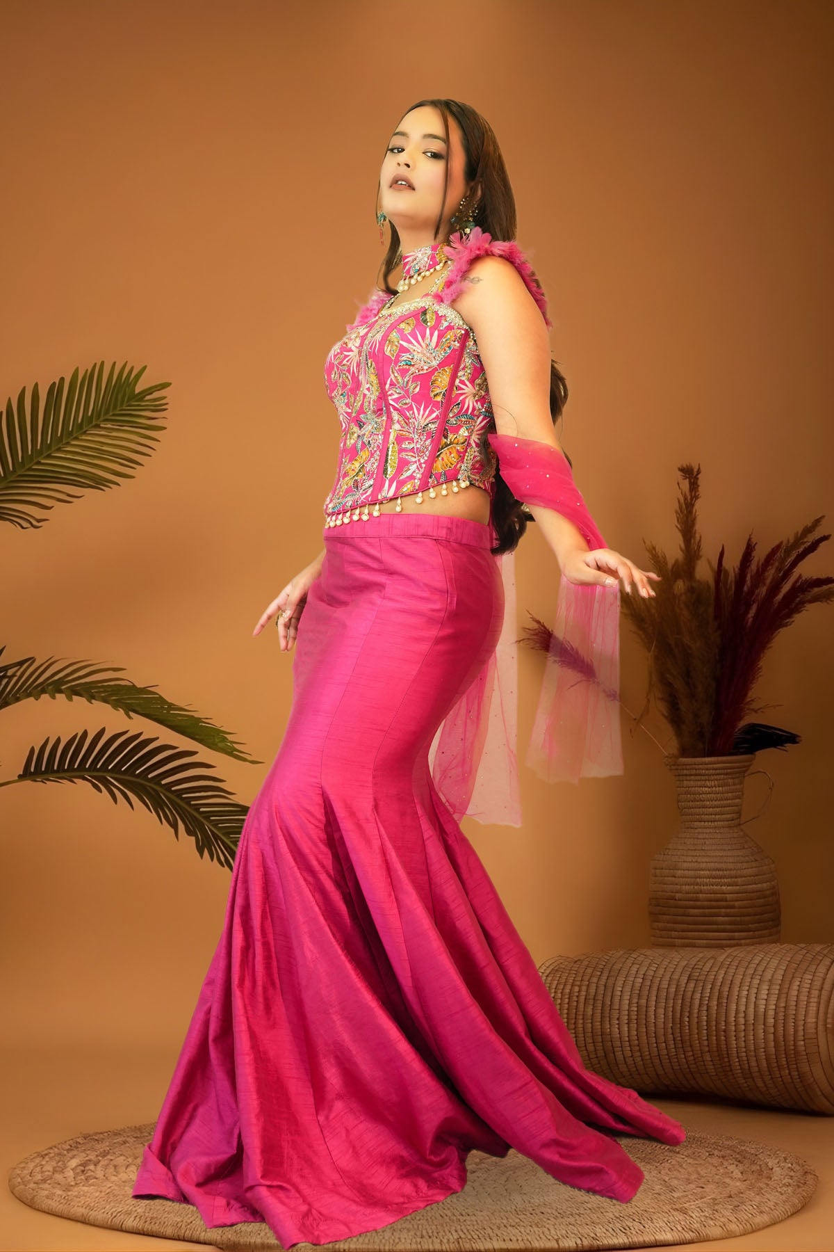 Fushcia Pink mermaid skirt crop top  set