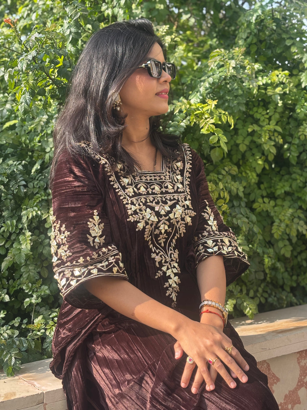 Kahwa-E-Shahi Velvet Gota Embroidered Kaftan With Plazzo