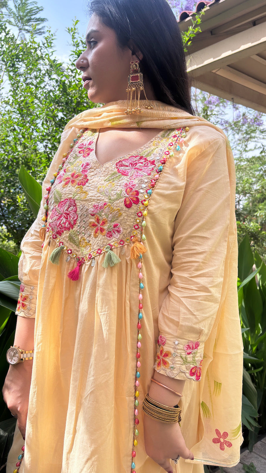 Cream Floral Embroidered Cotton Anarkali Suit Set