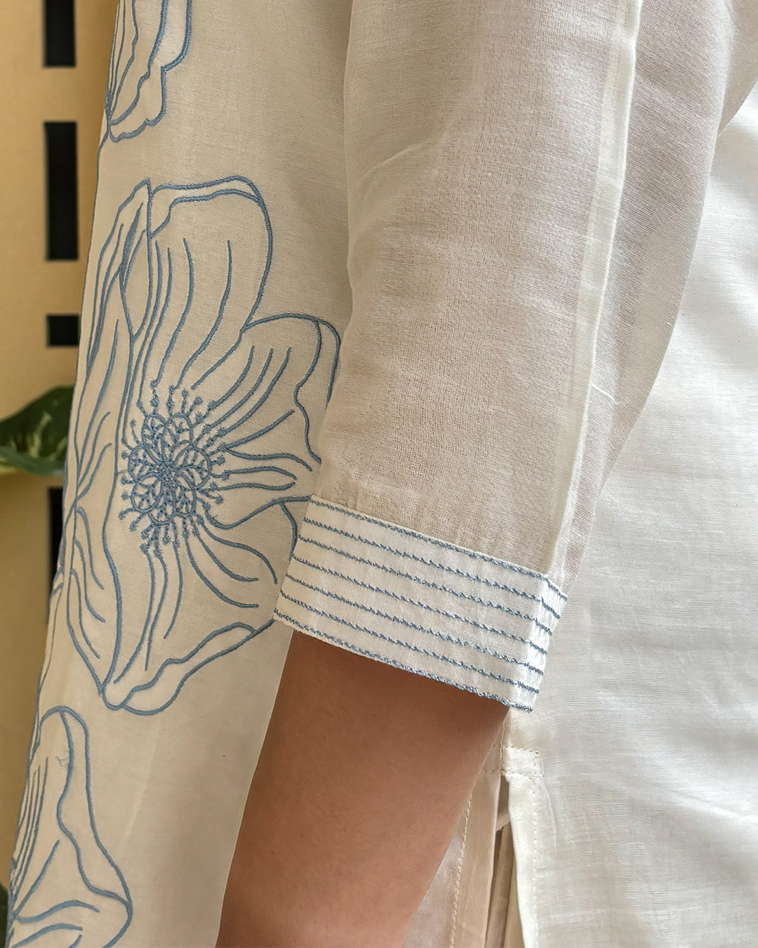 Off White Blue Embroidered Mul Cotton Suit Set