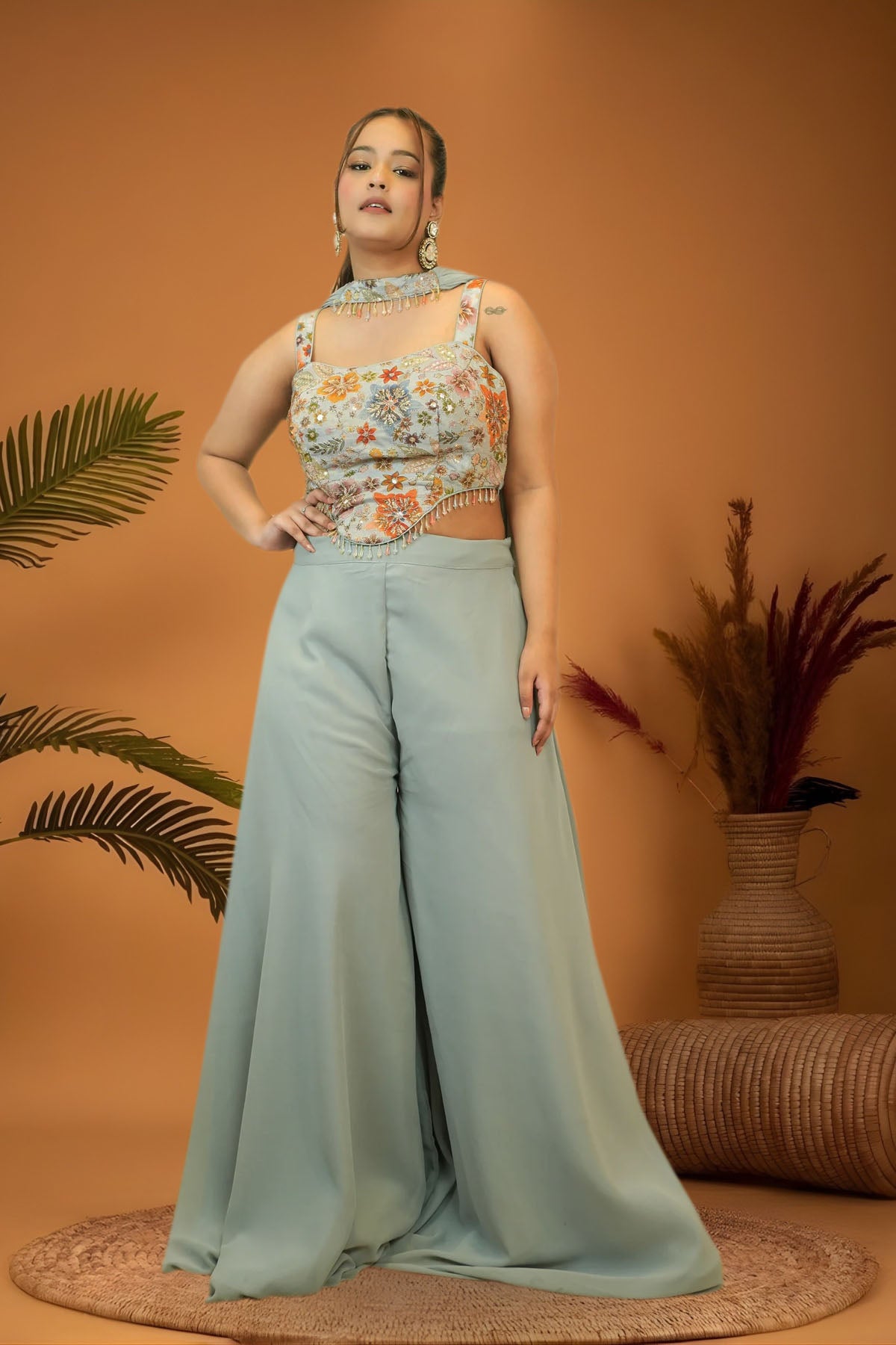 Muted Pastel Blue Corset Top Plazzo Set