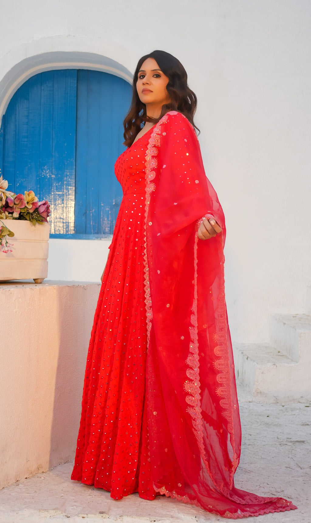 Rich Red Anarkali Suit with Mirror Magic