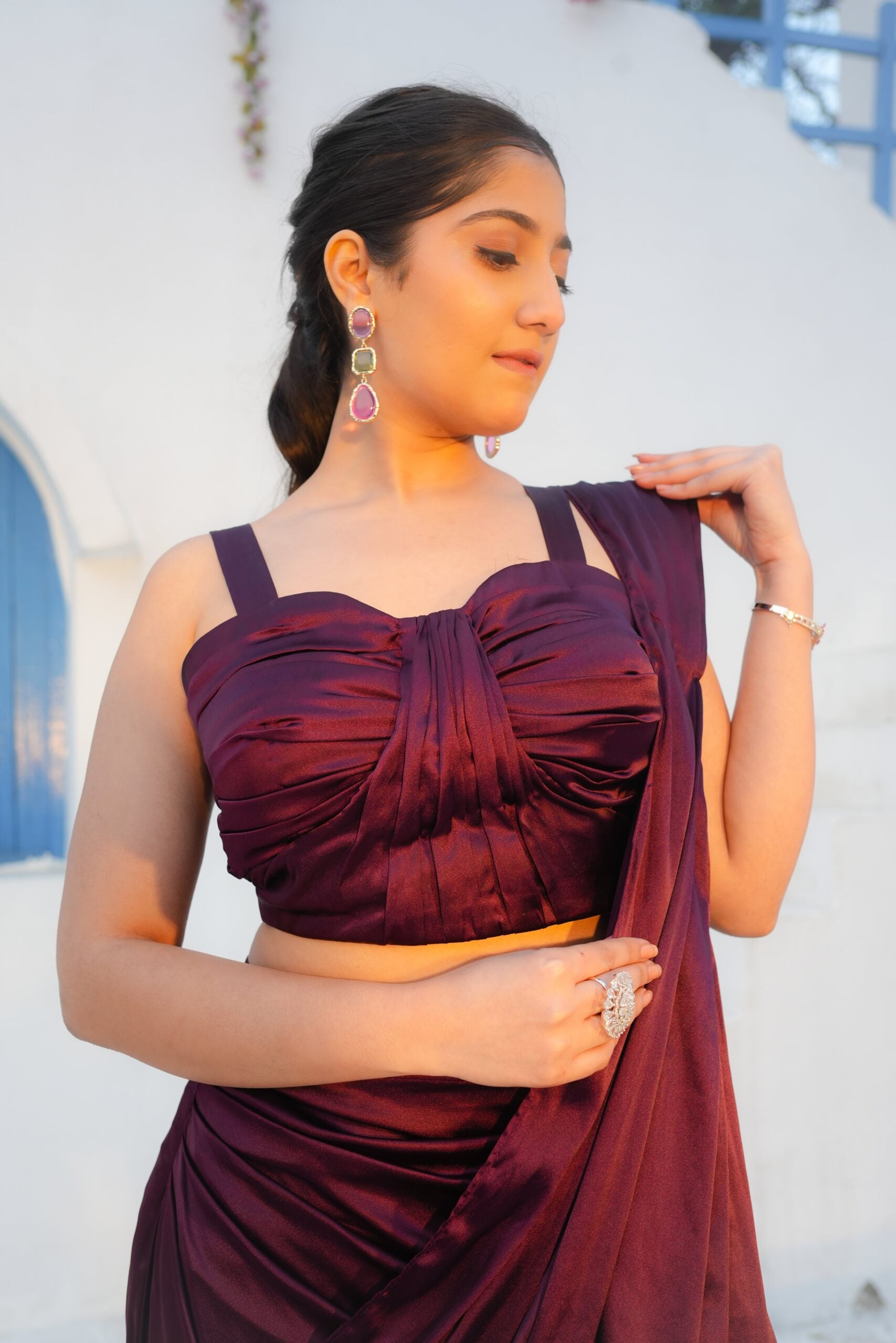Wine Silk Drape Saree Set