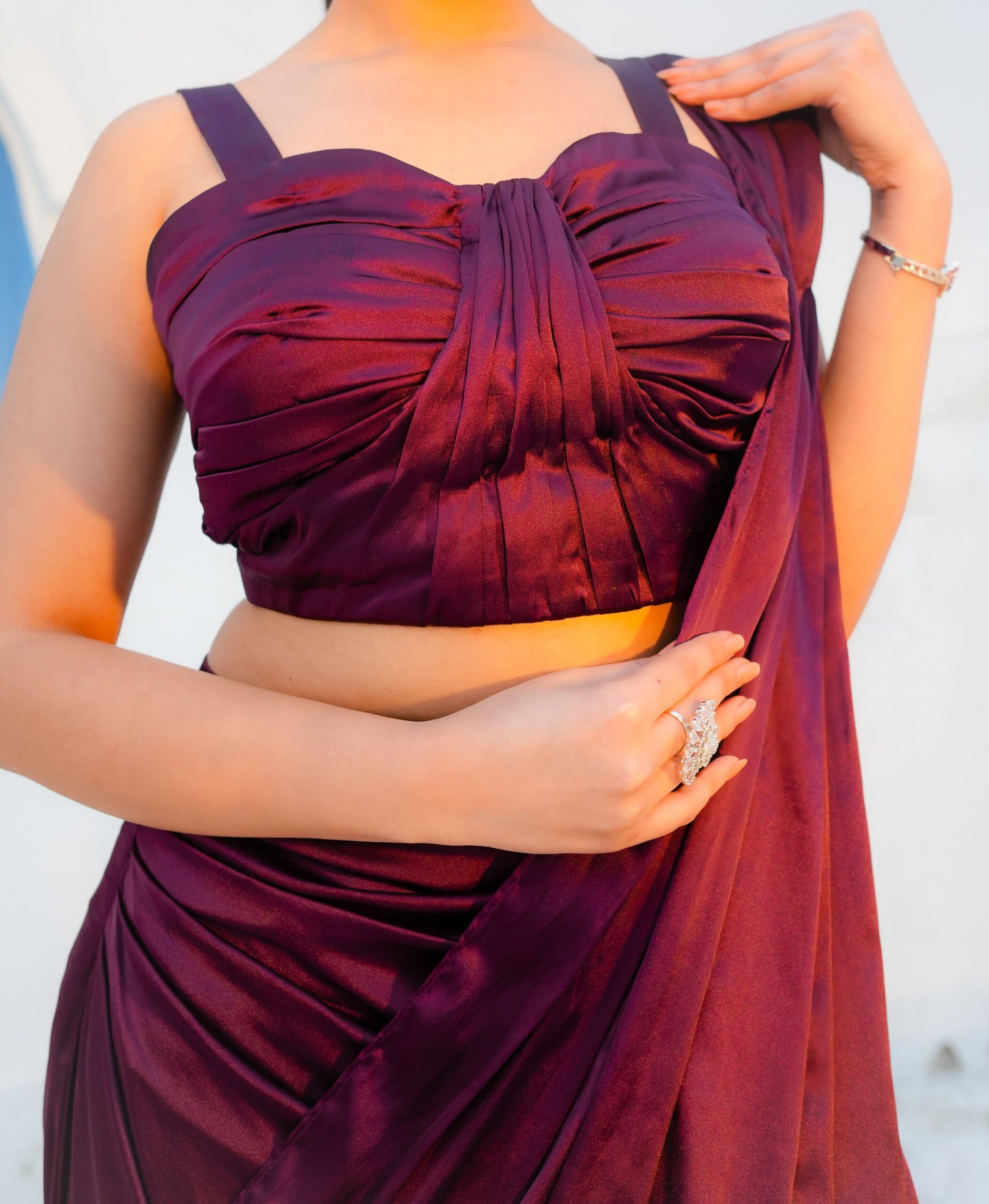 Wine Silk Drape Saree Set