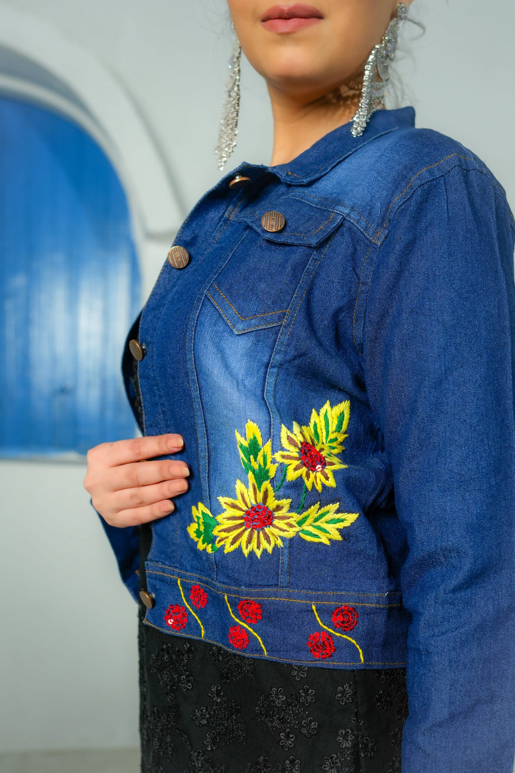 Hand Embroidered Dark Blue Denim Jacket
