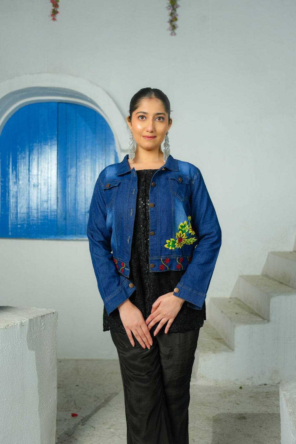 Hand Embroidered Dark Blue Denim Jacket