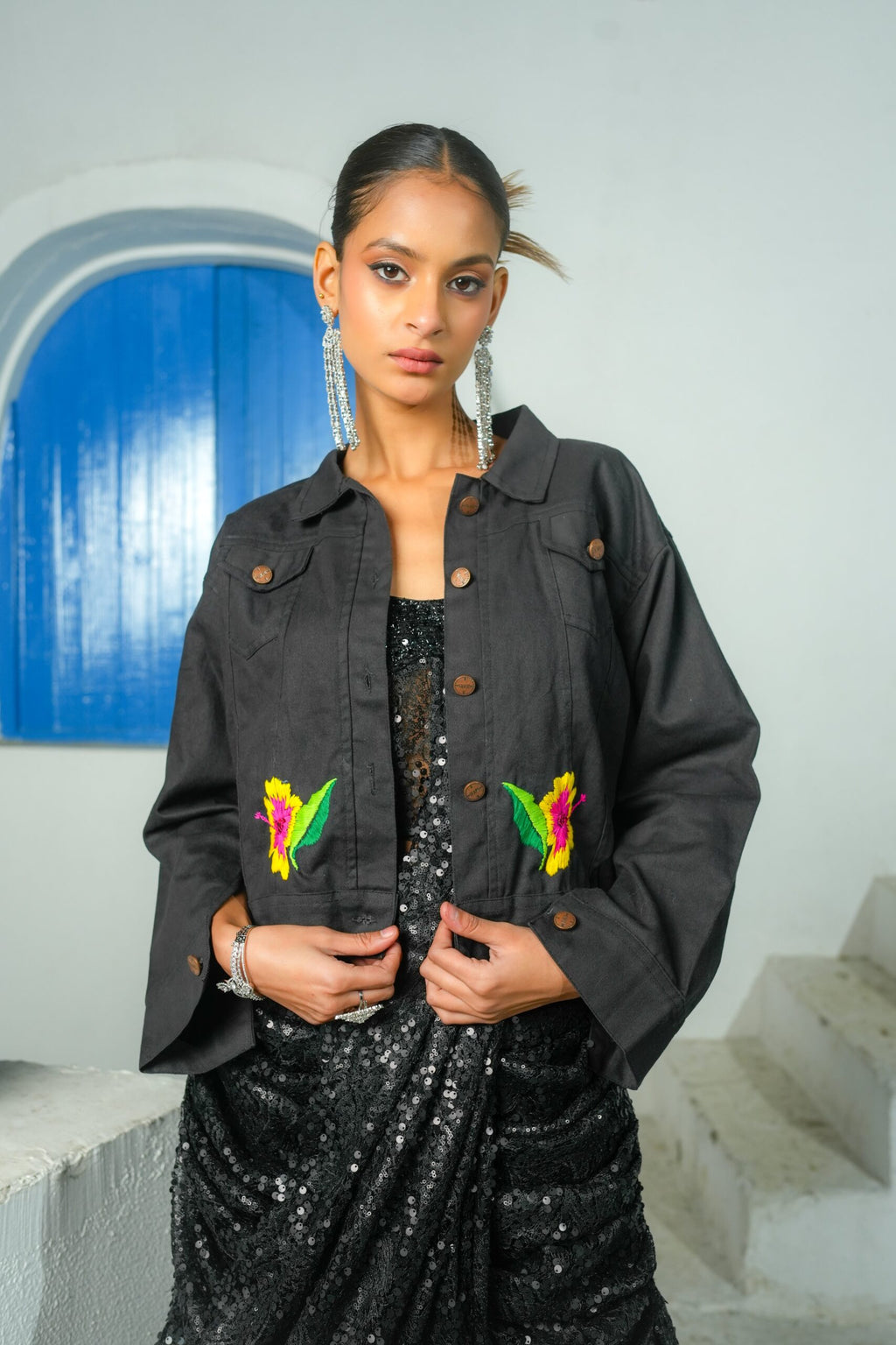 Hand Embroidered Black Denim Jacket