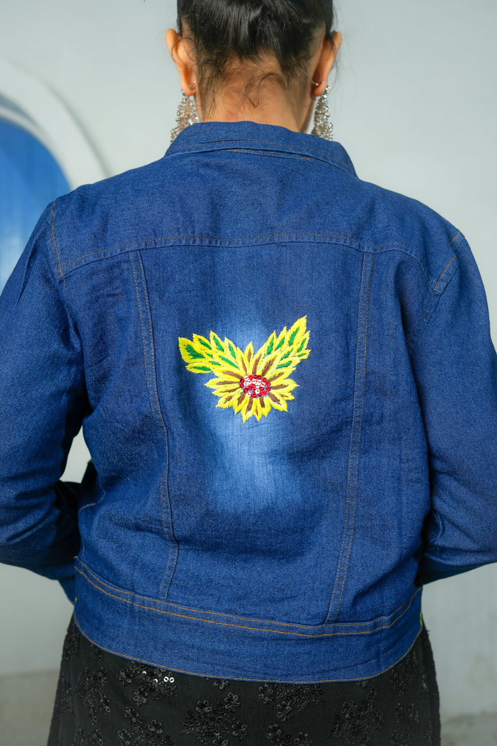 Hand Embroidered Dark Blue Denim Jacket