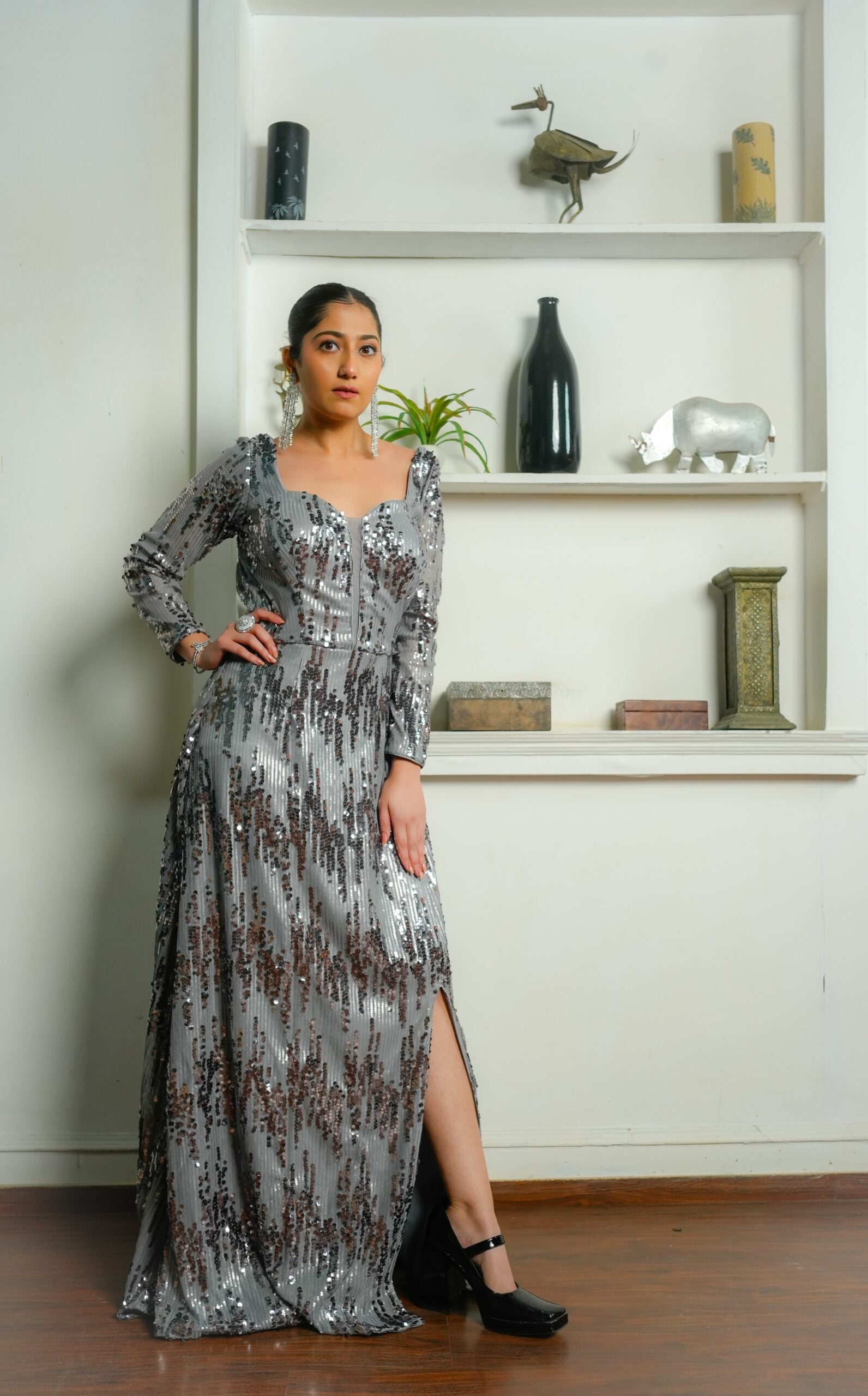 Silver Moonlight – Grey Embellished Gown