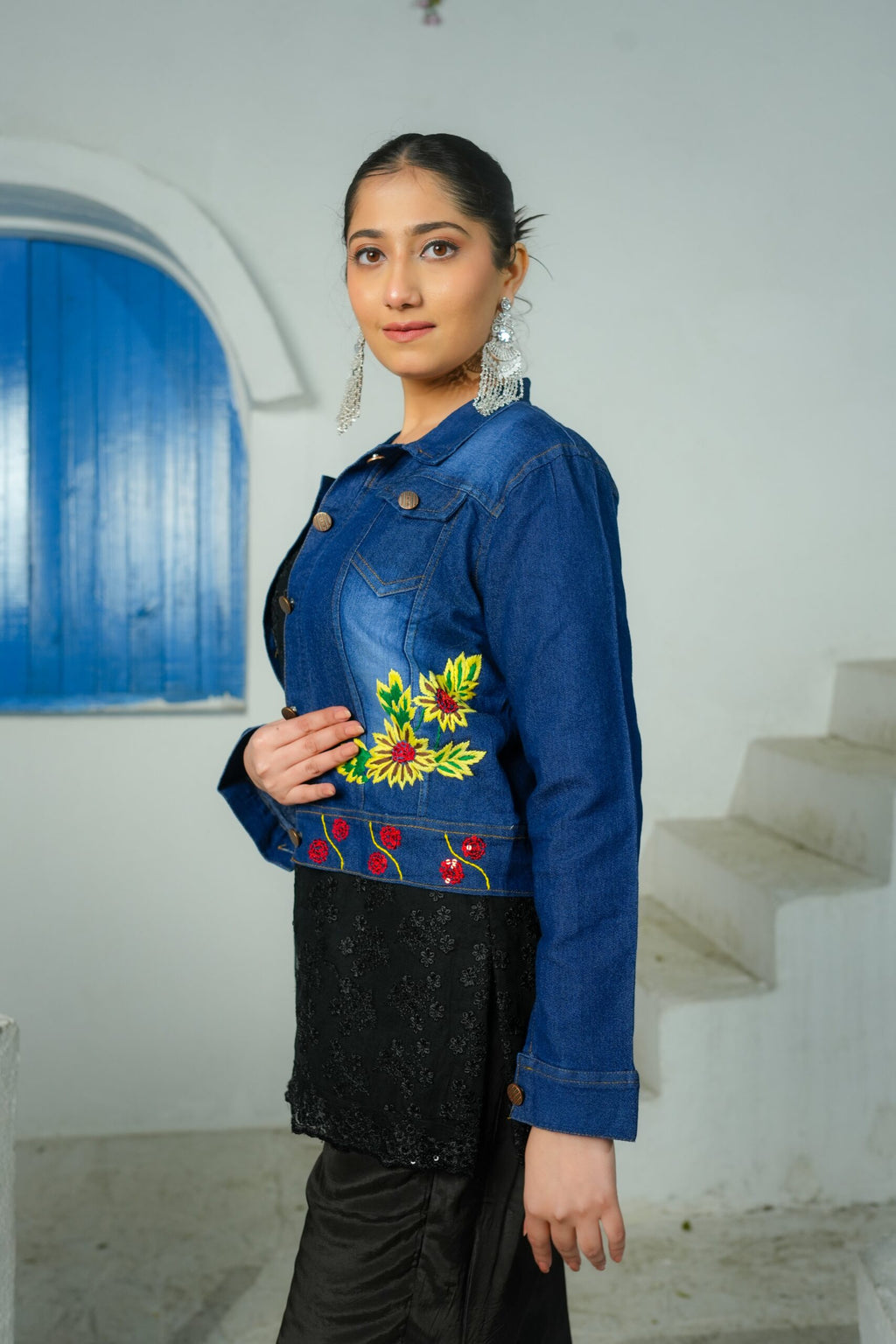 Hand Embroidered Dark Blue Denim Jacket