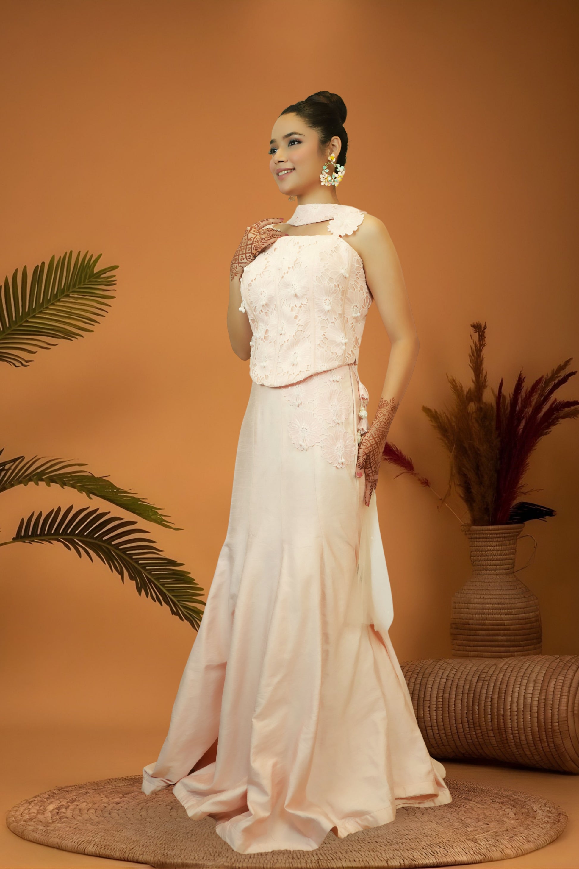 Pastel pink cutwork blouse mermaid skirt set