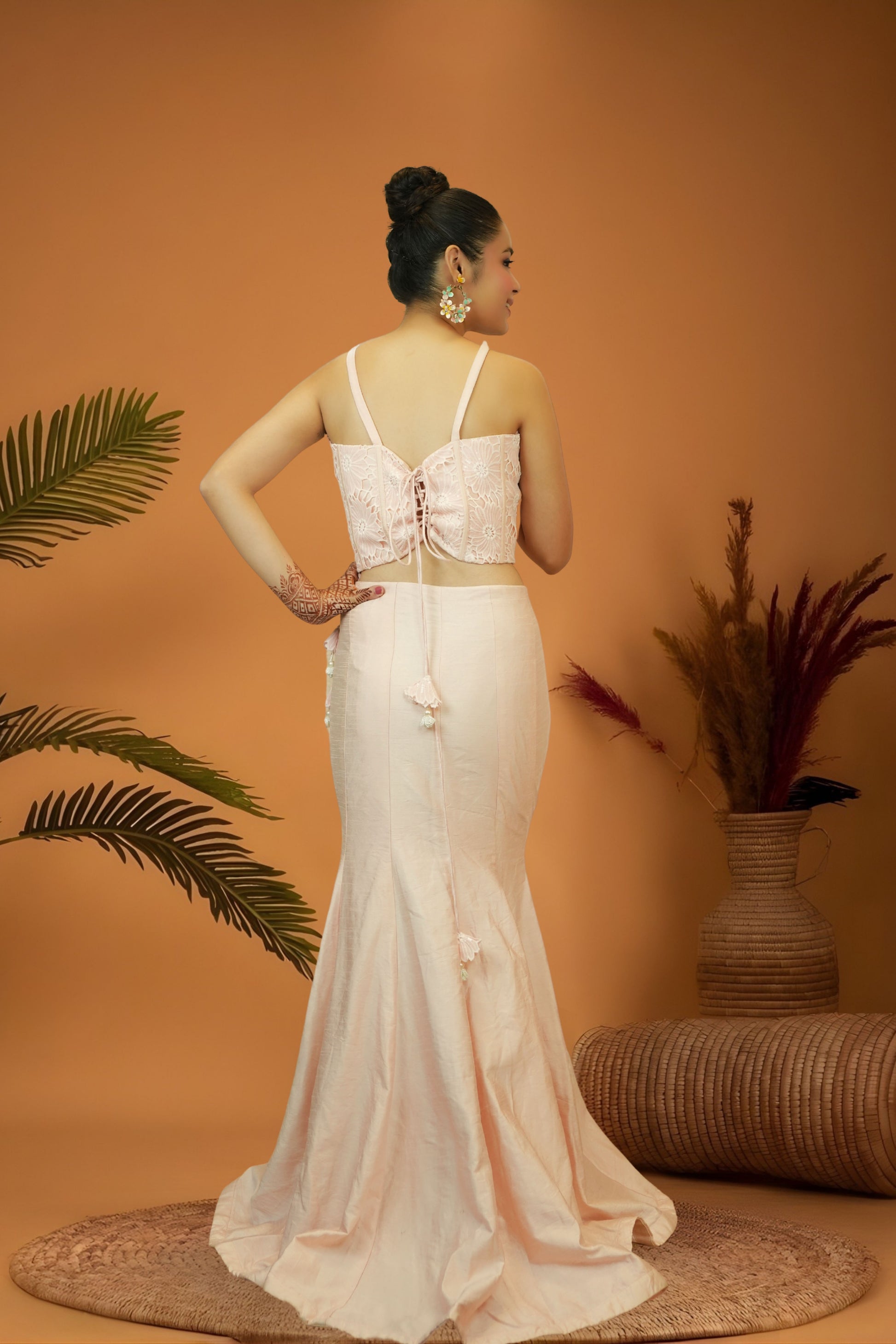 Pastel pink cutwork blouse mermaid skirt set