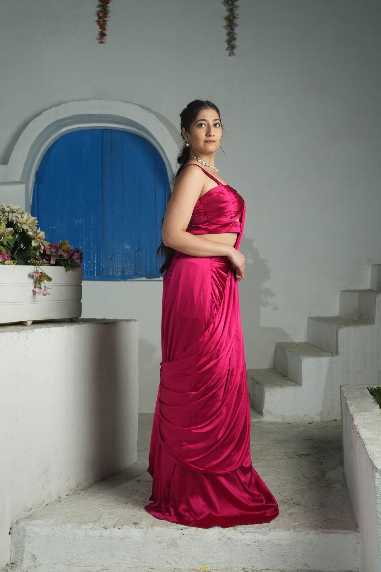 Fuchsia Pink Drape Silk Saree Set