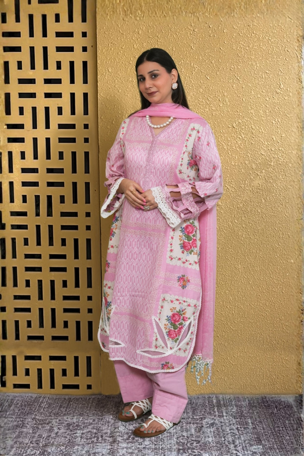 Arezia Blush Pink Lawn Kurta with Farshi Salwar Set