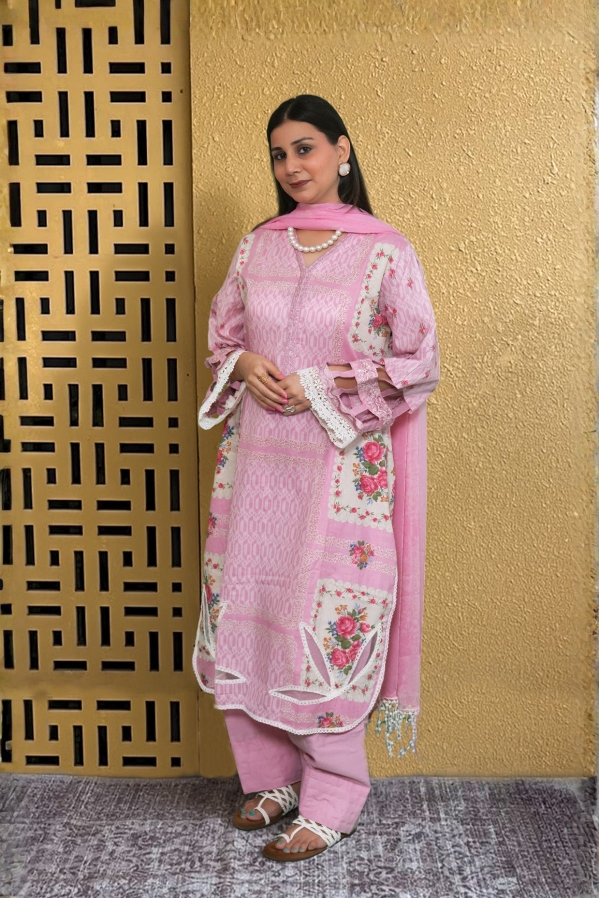 Arezia Blush Pink Lawn Kurta with Farshi Salwar Set