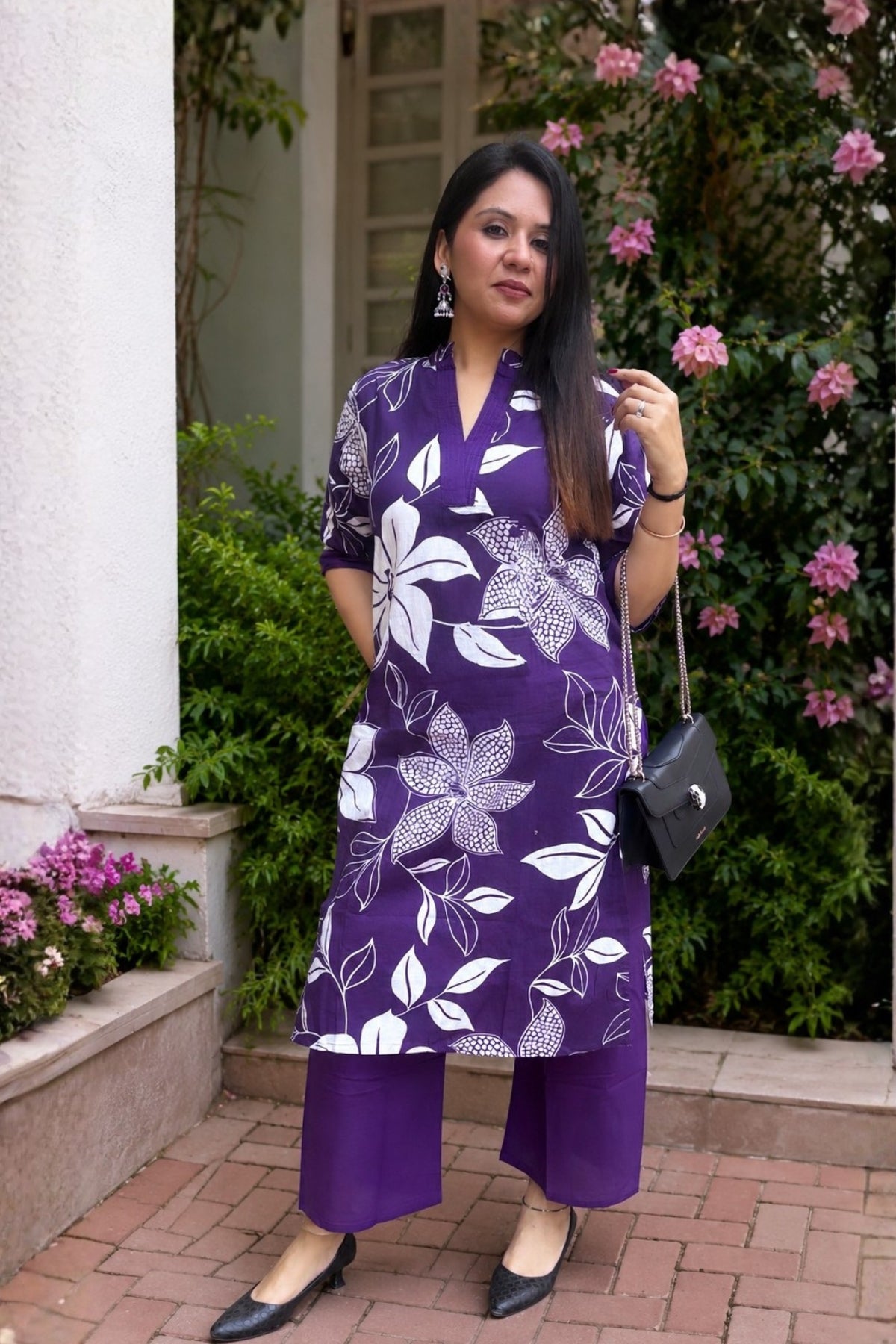 Purple Flora Printed Cotton Kurta with Pants
