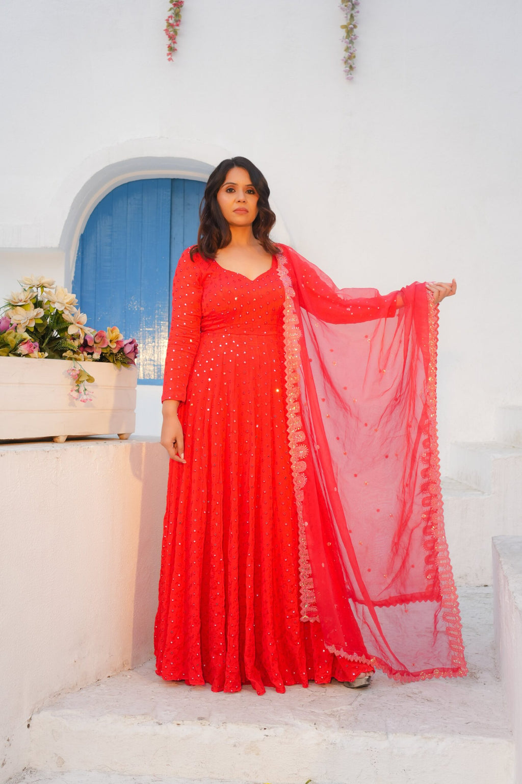 Rich Red Anarkali Suit with Mirror Magic