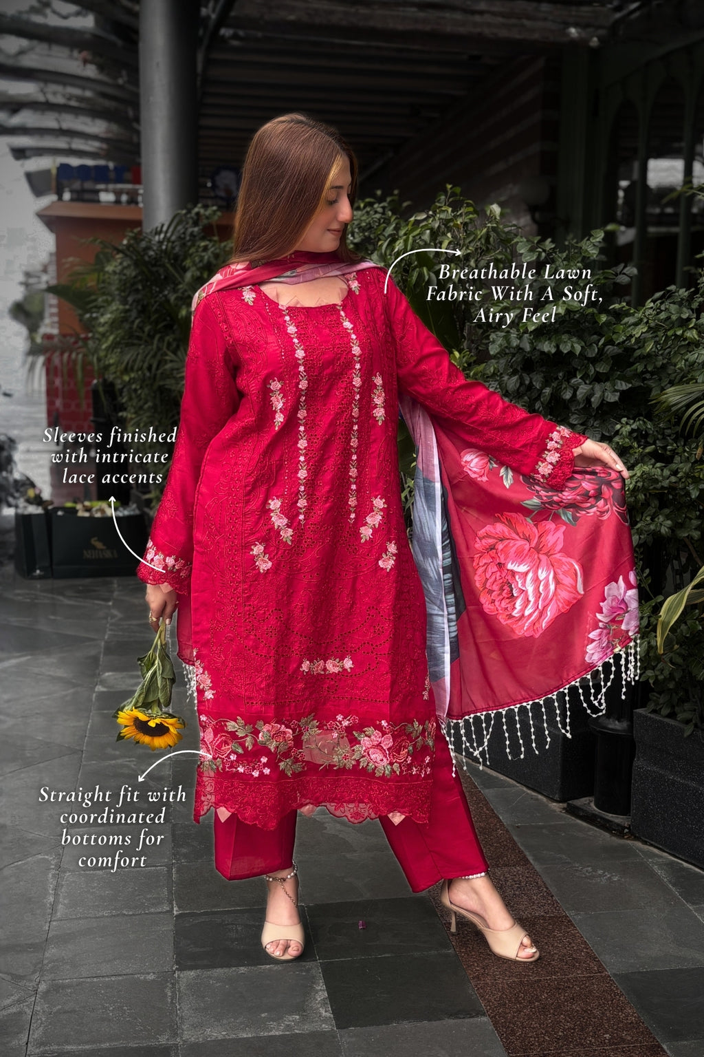 Gulrukh - Ruby Red Lawn Suit Set