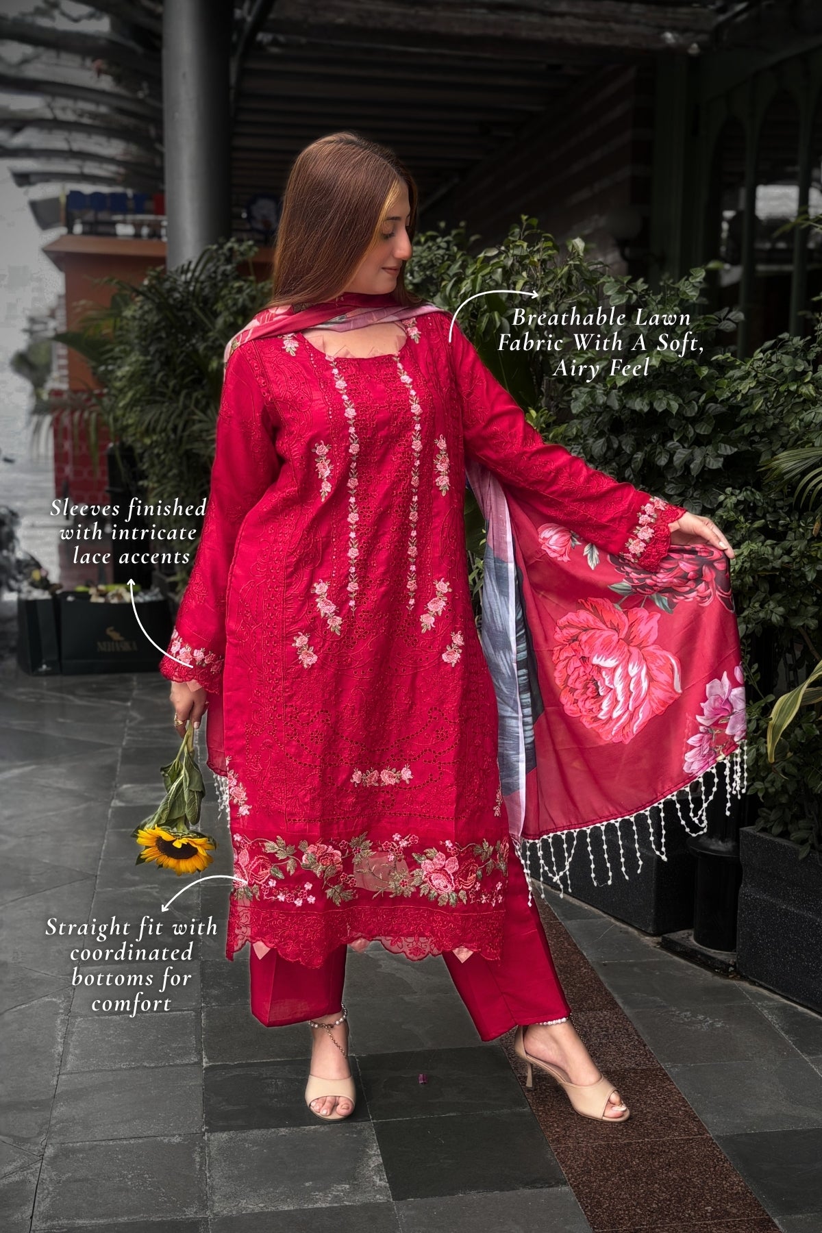 Gulrukh - Ruby Red Lawn Suit Set