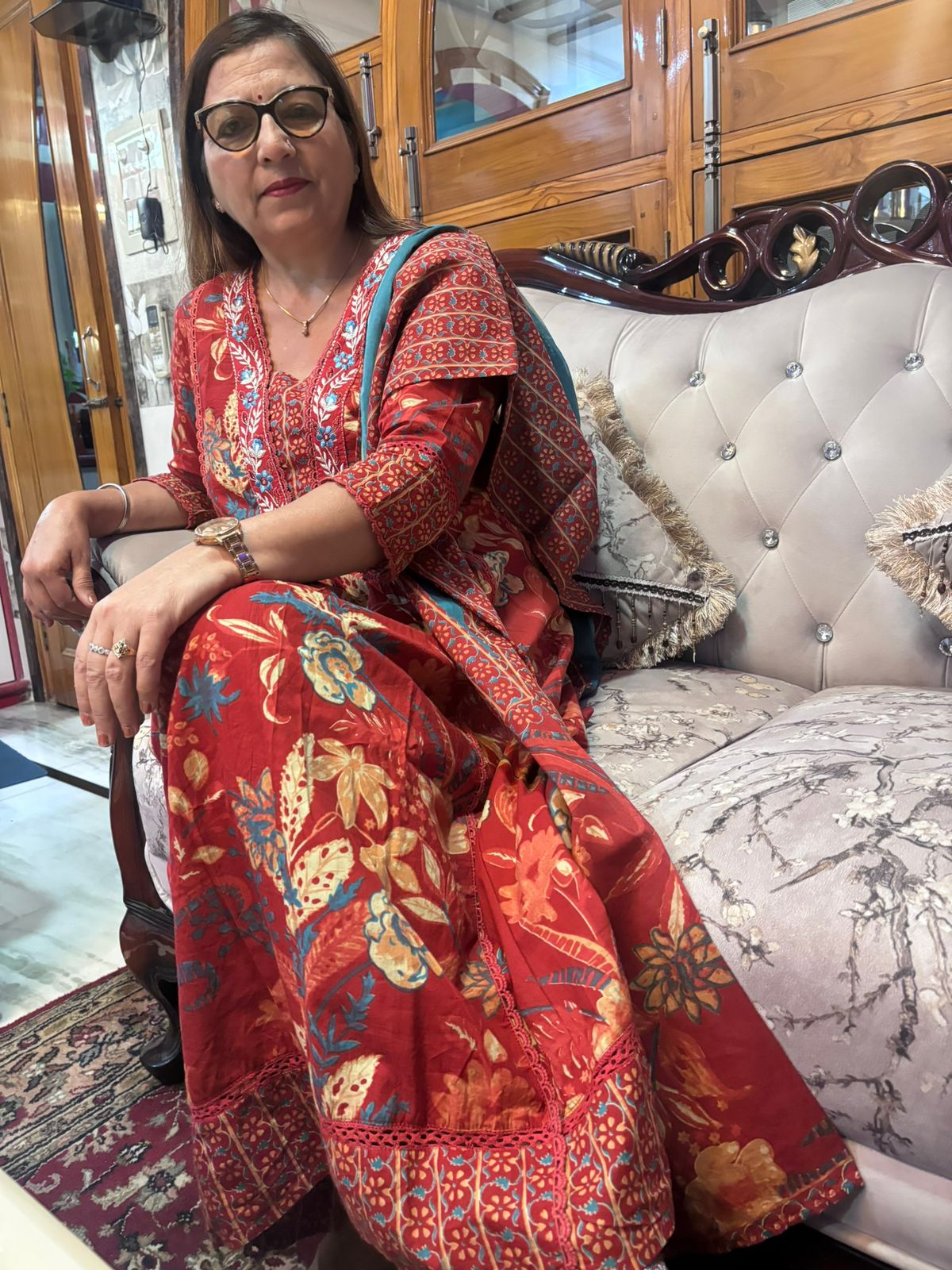 Gulnaar Rust Red Floral Printed Embroidered Suit Set