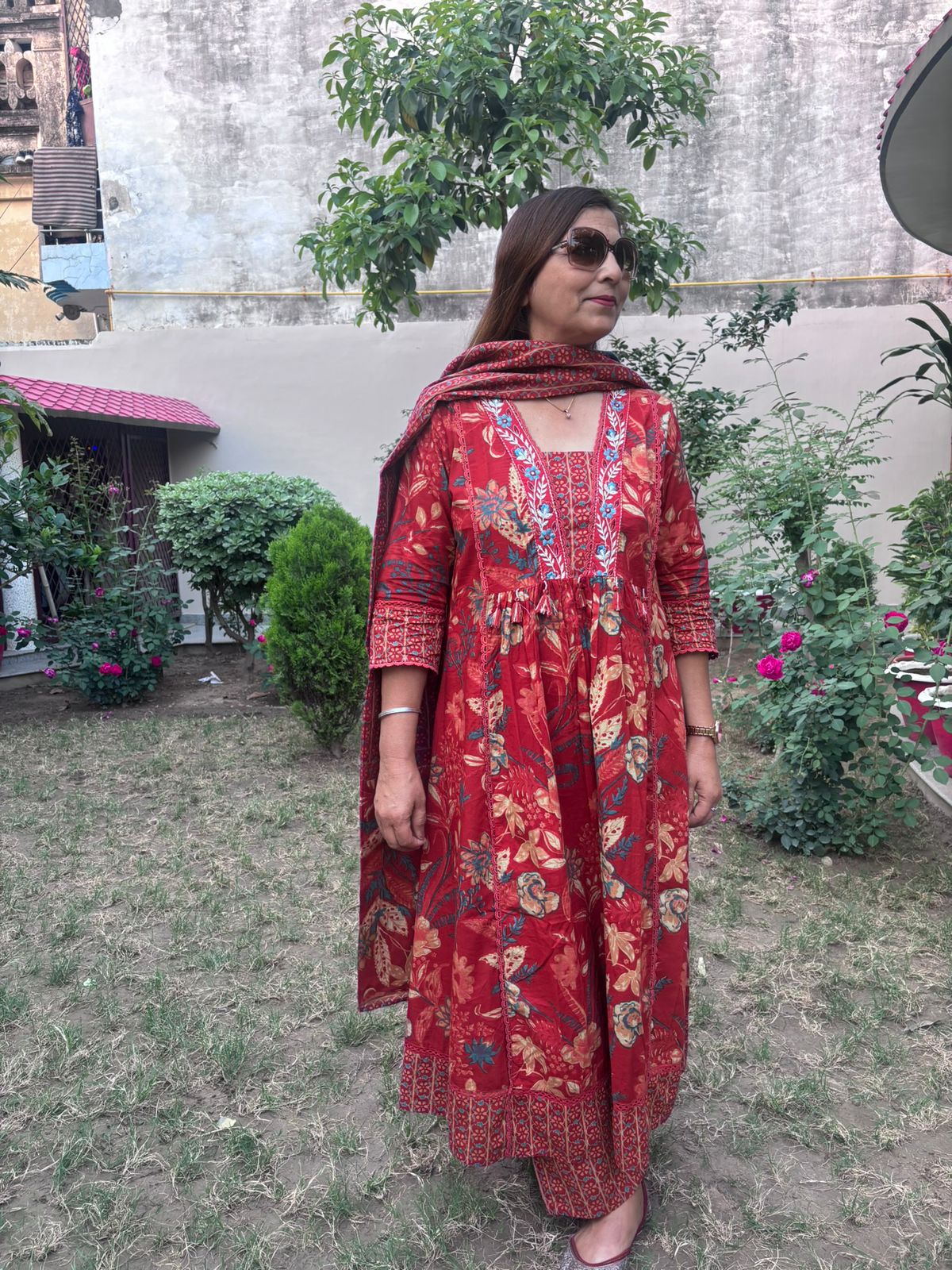 Gulnaar Rust Red Floral Printed Embroidered Suit Set