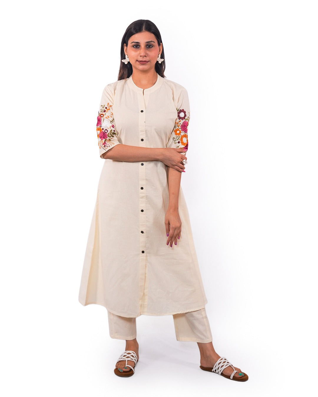 Off White Bloom Embroidered Cotton Kurta with Pants