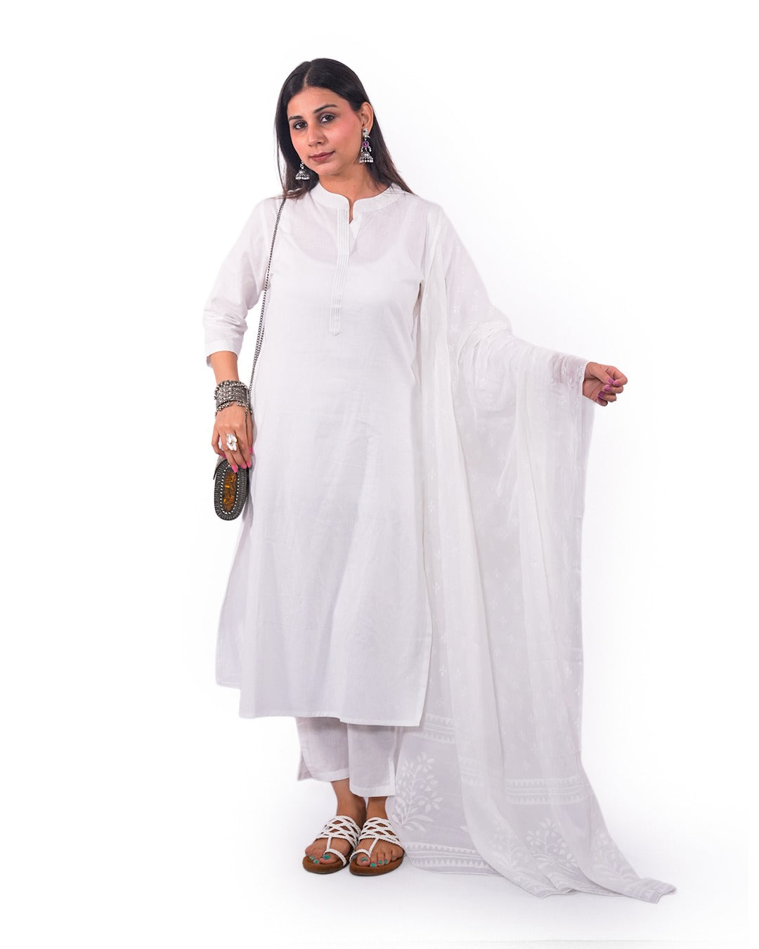 Snowy White Mul Cotton Kurta With Slip and Pants and Dupatta Suit Set