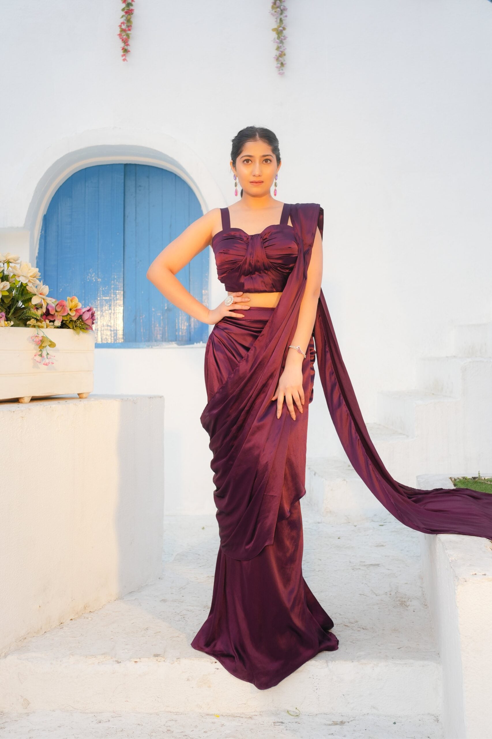 Wine Silk Drape Saree Set