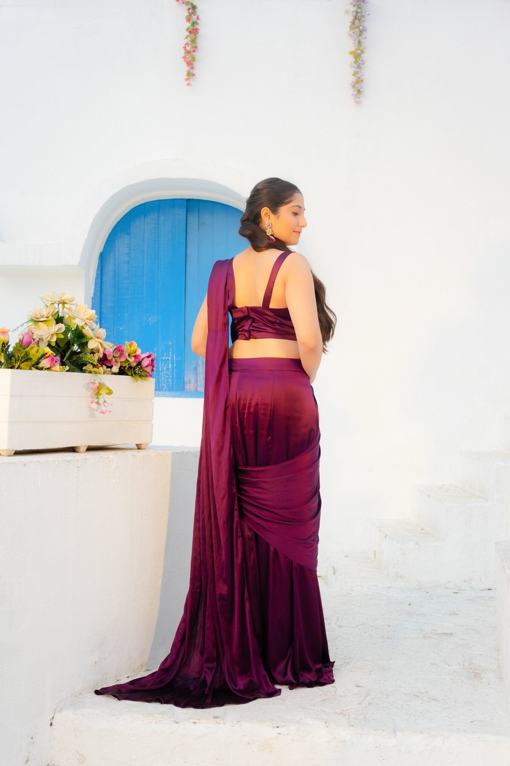 Wine Silk Drape Saree Set