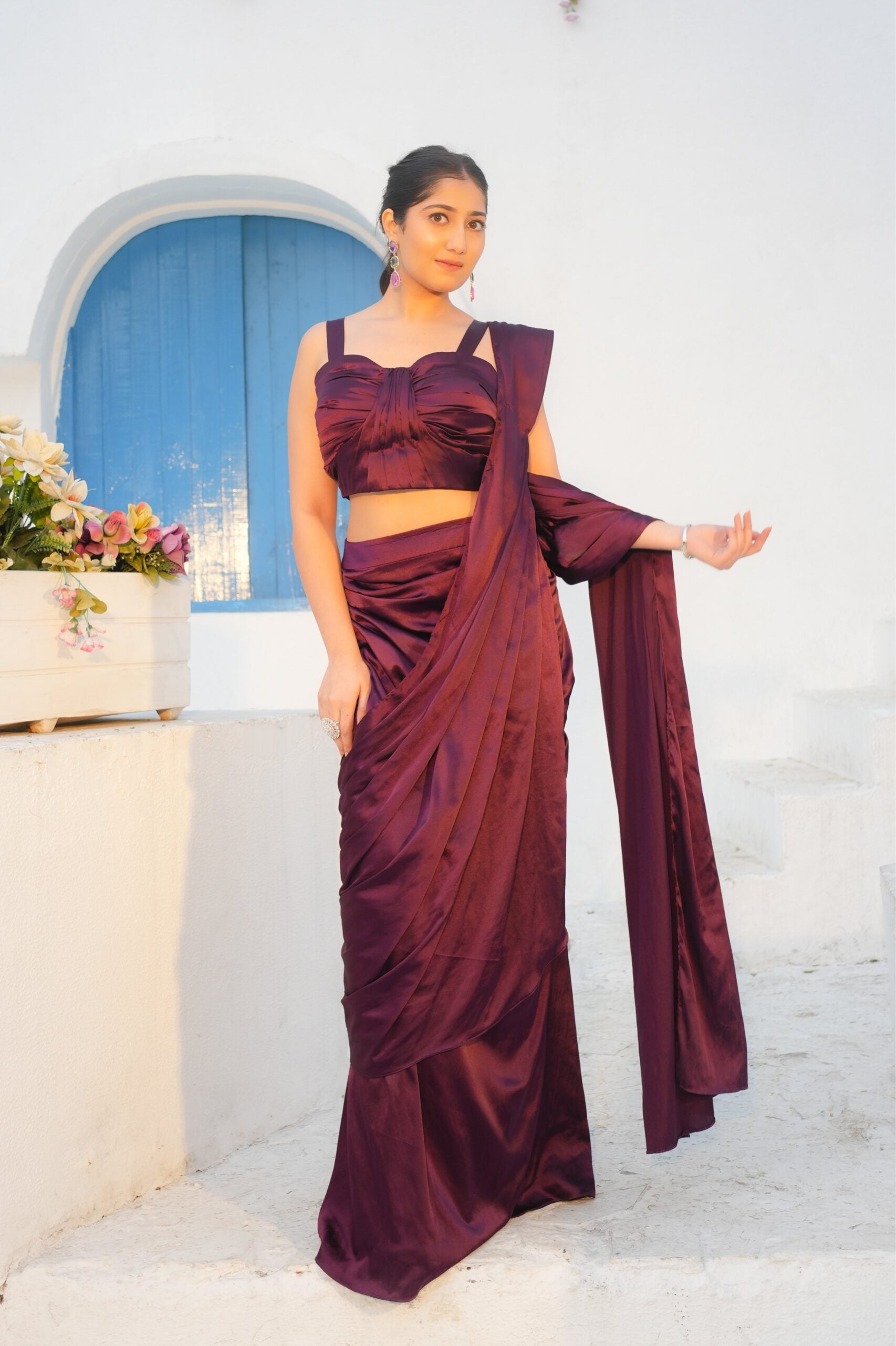 Wine Silk Drape Saree Set