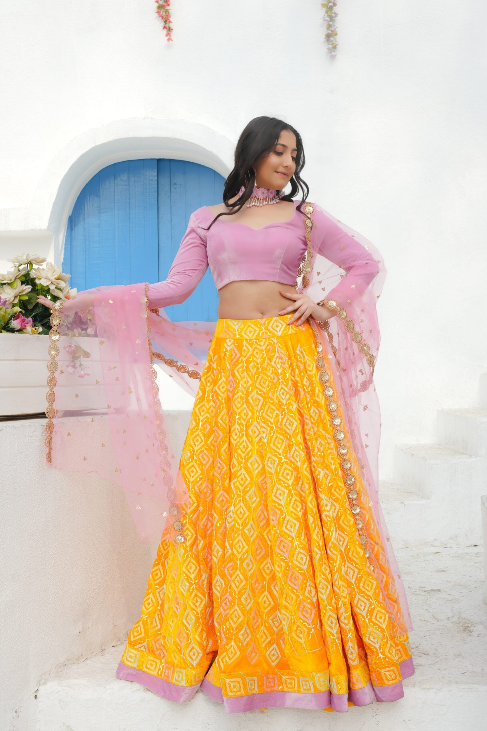 Golden Glow – A Royal Yellow Velvet Lehenga Set