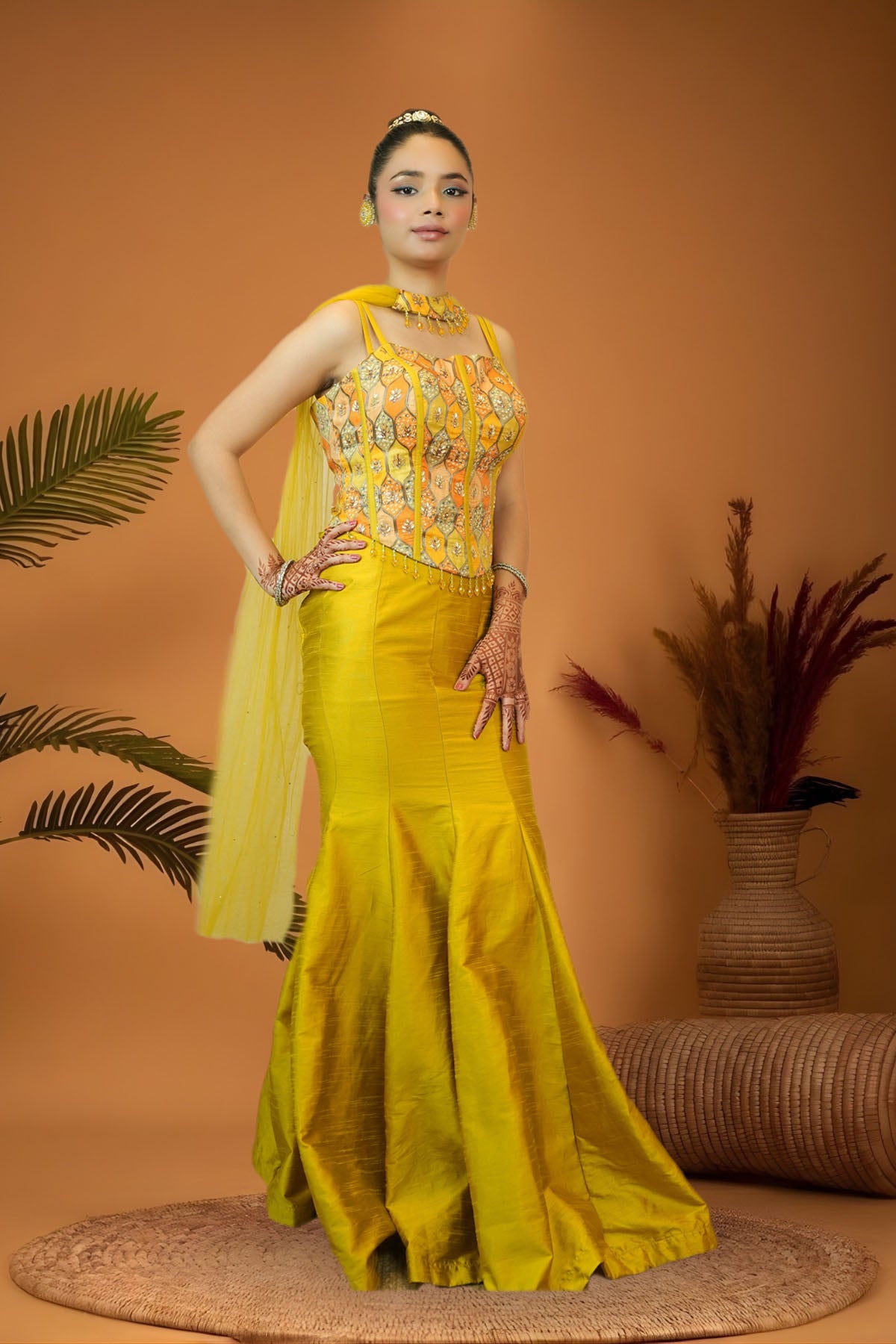 Yellow Glam Brocade Corset Blouse Mermaid Skirt Set
