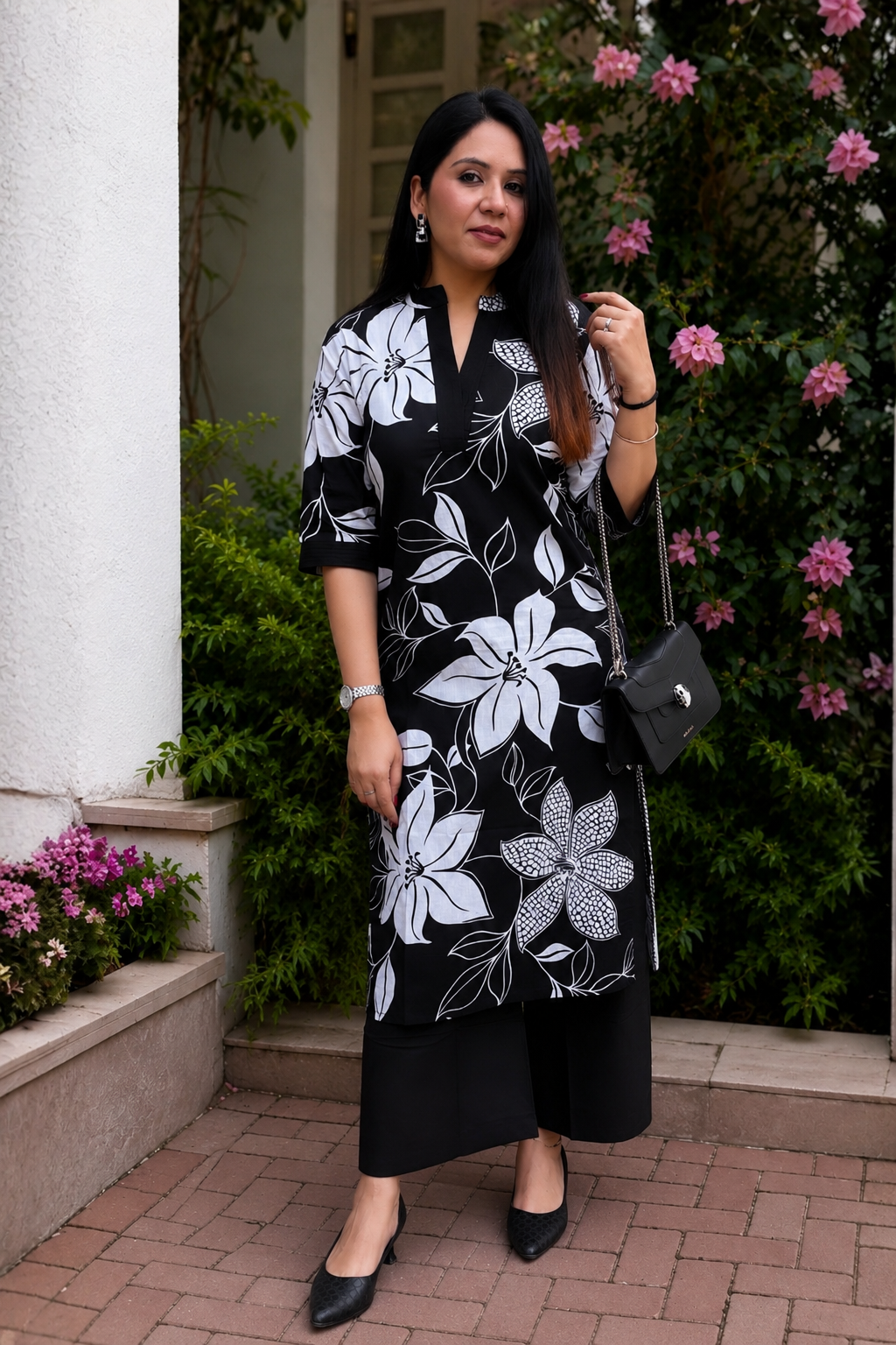 Black Flora Printed Cotton Kurta with Pants