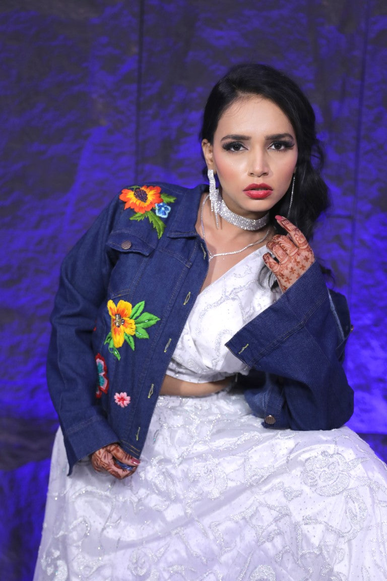 Hand Embroidered Dark Blue Denim Jacket