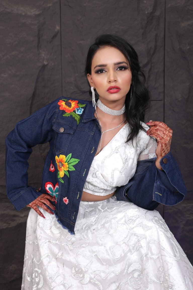 Hand Embroidered Dark Blue Denim Jacket