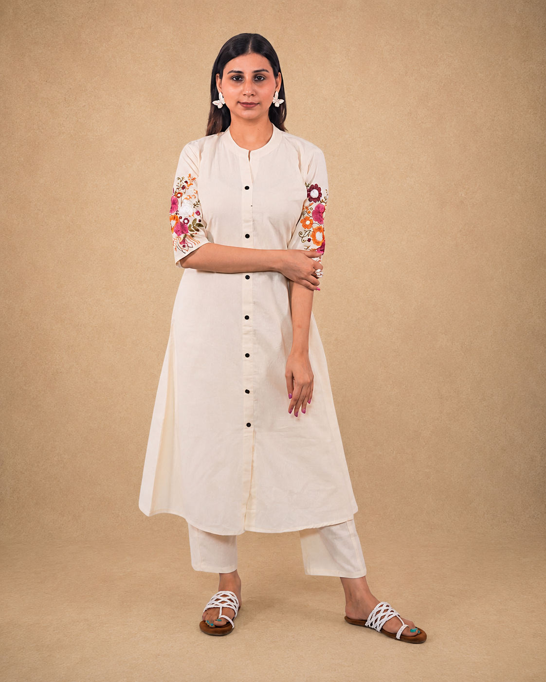 Off White Bloom Embroidered Cotton Kurta with Pants