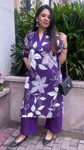 Purple Flora Printed Cotton Kurta with Pants