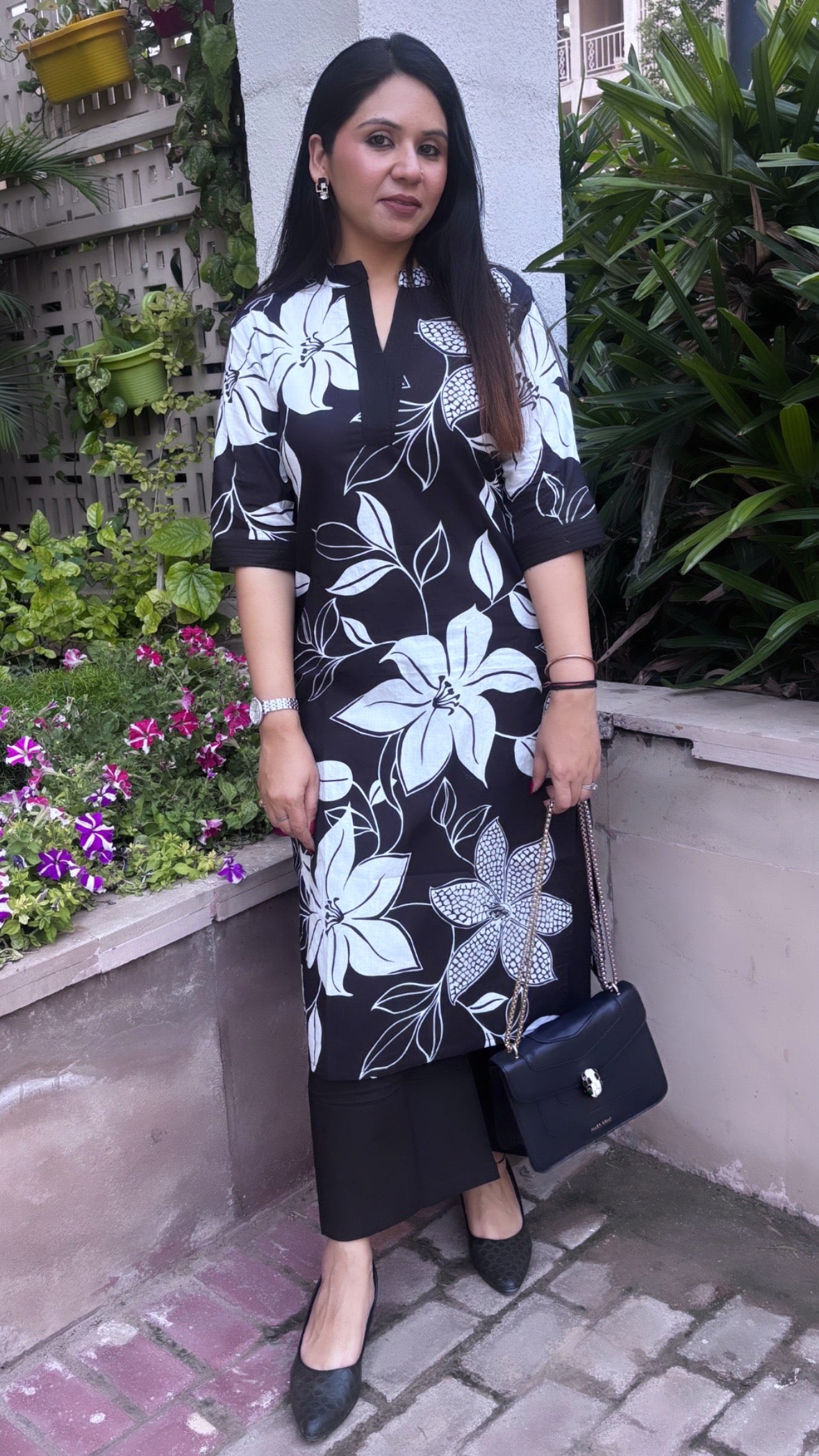 Black Flora Printed Cotton Kurta with Pants